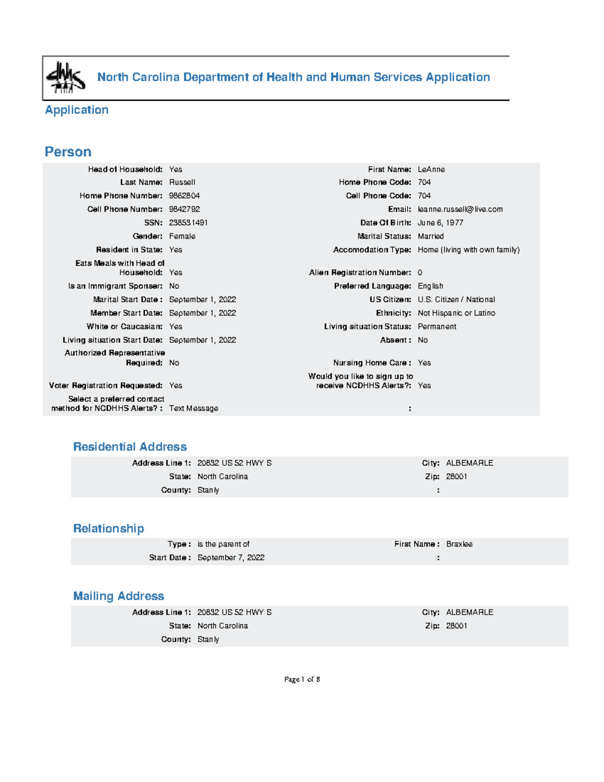 Benefits Application 169345958 North Carolina Department of Health