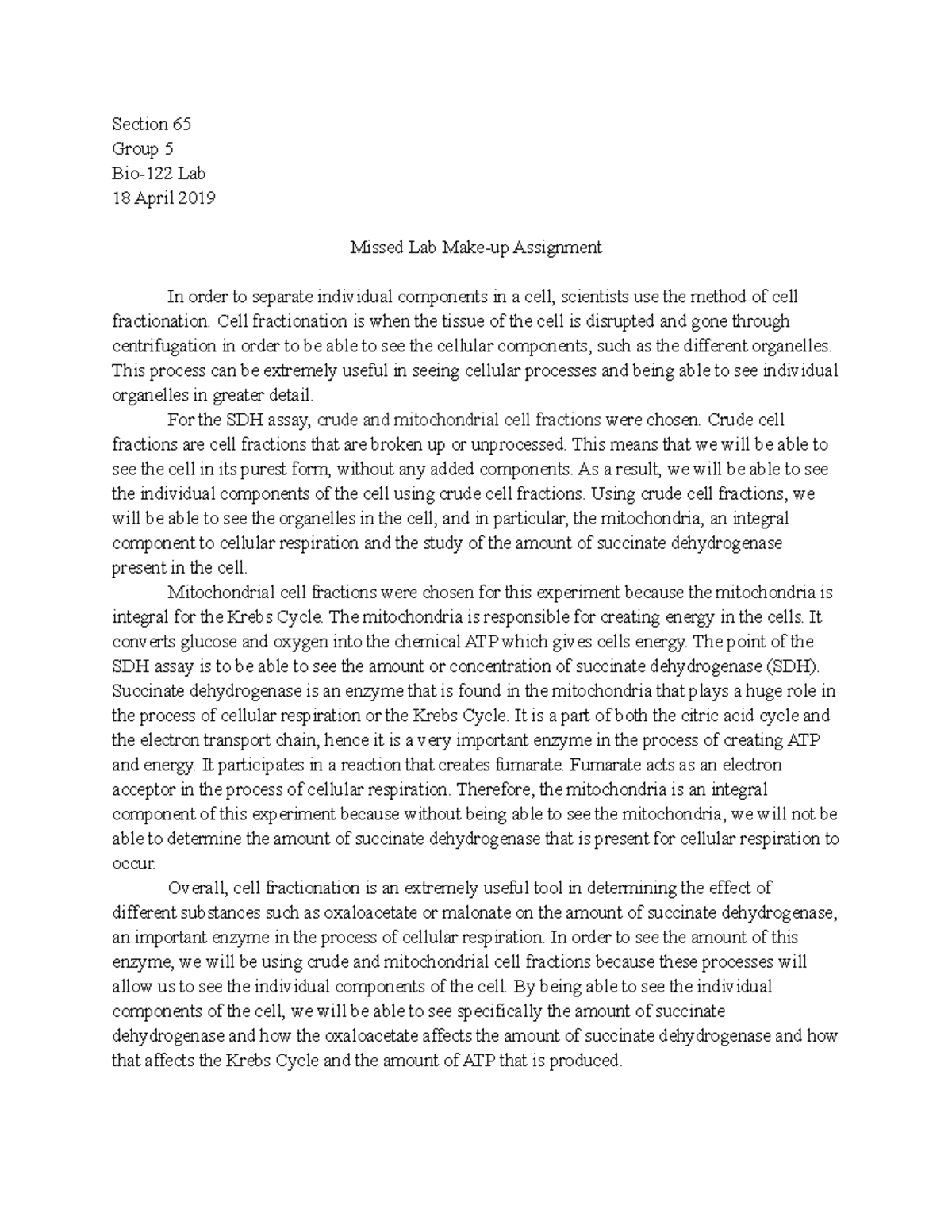 Lab makeup assignment Section 65 Group 5 Bio122 Lab 18 April 2019