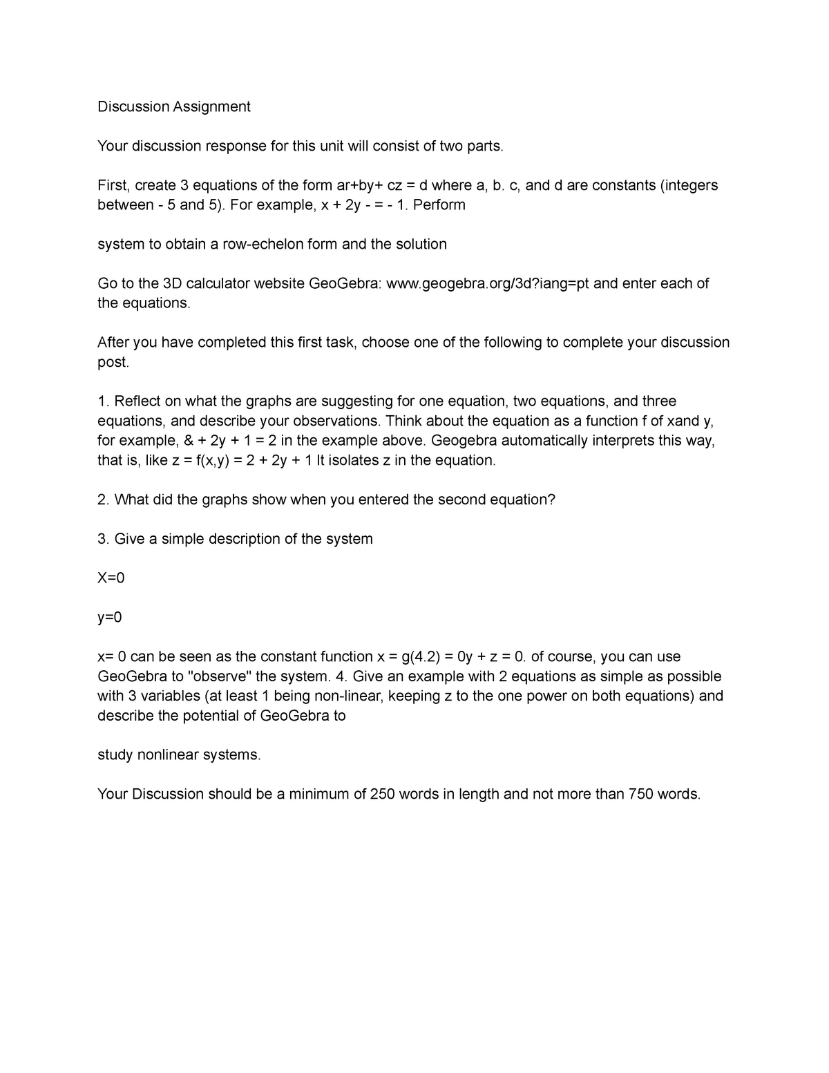 Discussion Assignment Discussion Assignment Your Discussion Response For This Unit Will Consist Of Two Parts First Create Equations Of The Form Ar By Cz Where Studocu