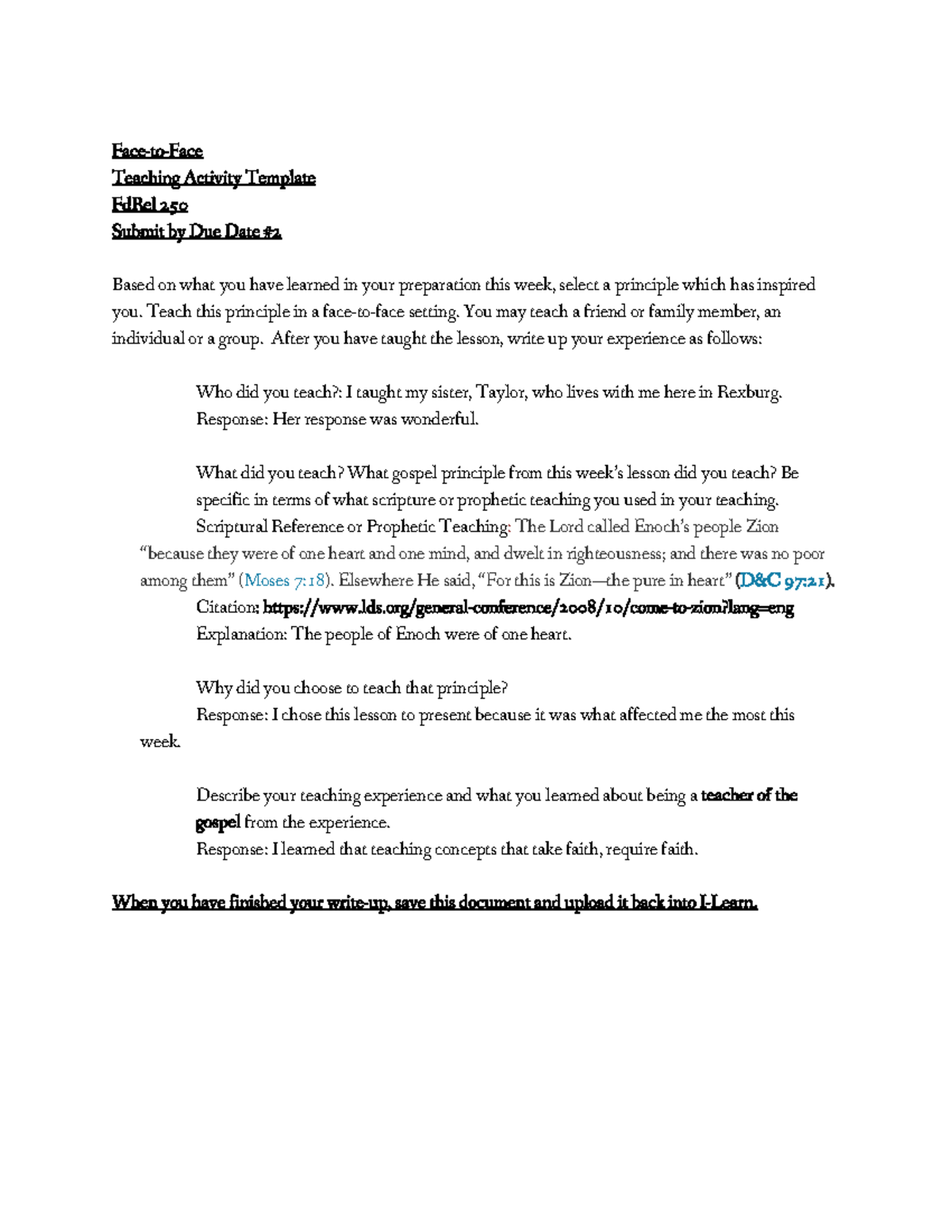 W4 Face-to-Face - Weekly assignment example for one on one teaching ...