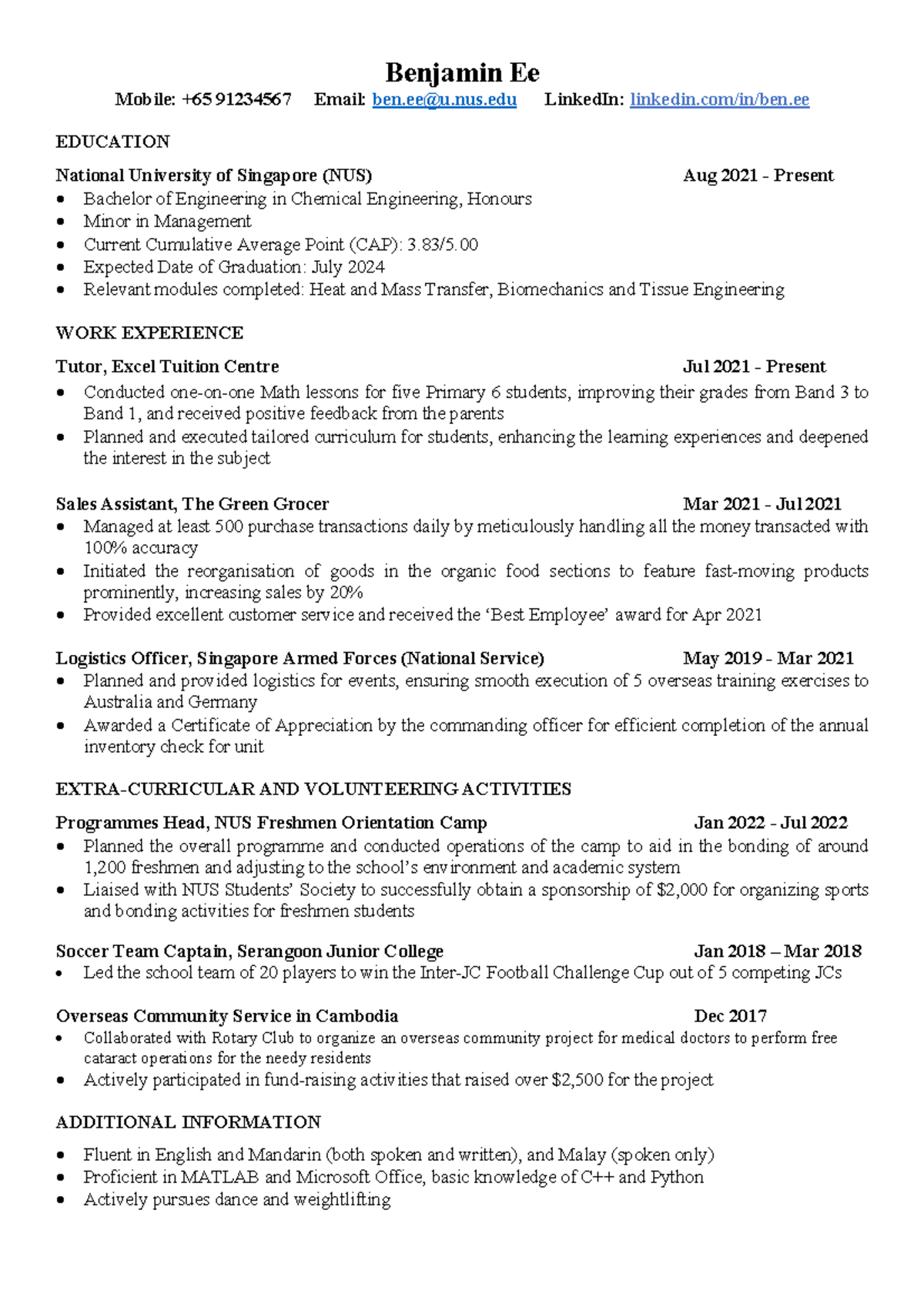 Example 1 for Y1-2 CDE Resume - Benjamin Ee Mobile: +65 91234567 Email ...