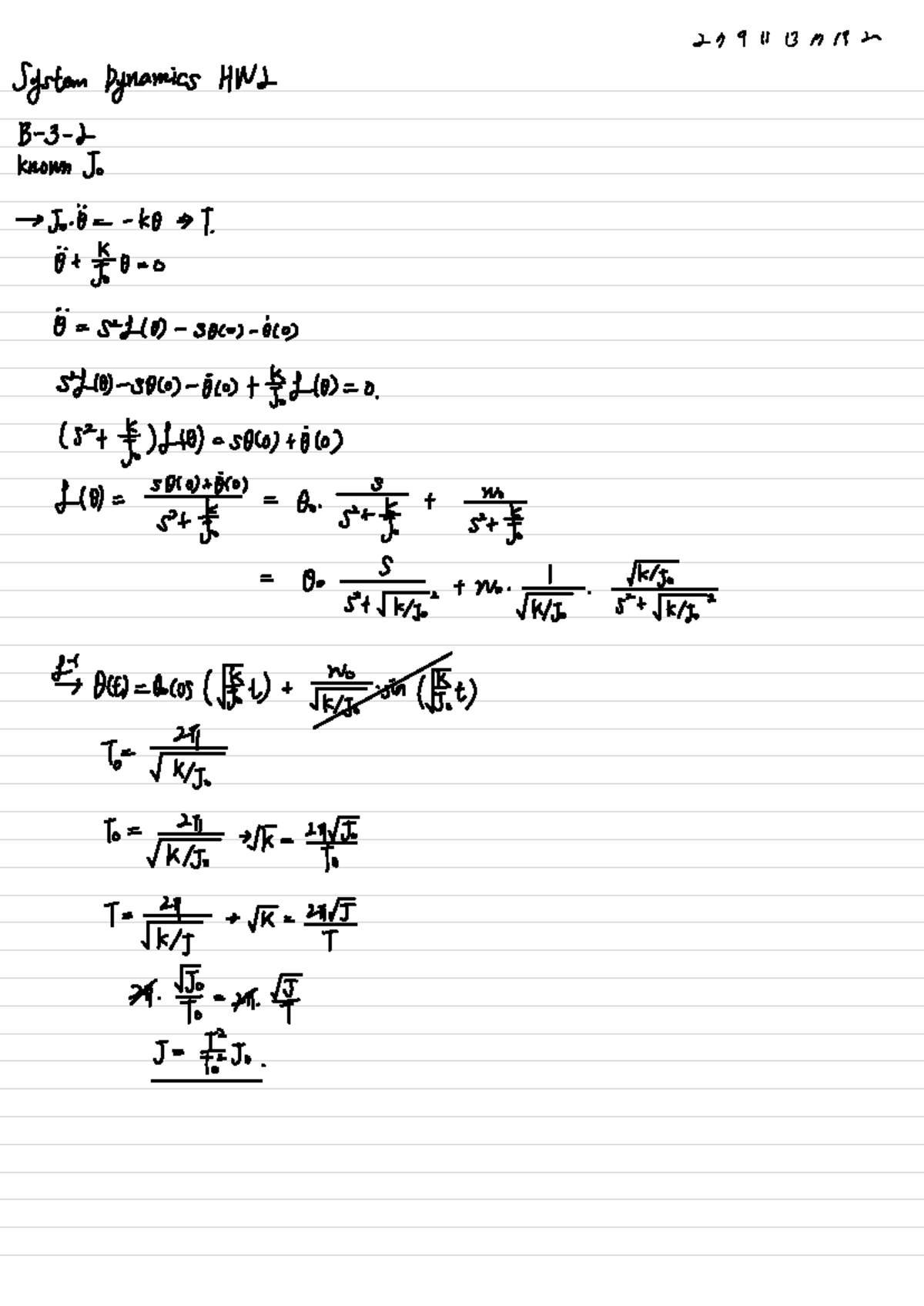 시스템해석 HW2 - 2 N 3 1 1317132 System Pynamics HW 2 B 3 - 2 Known J. ' JoD ...