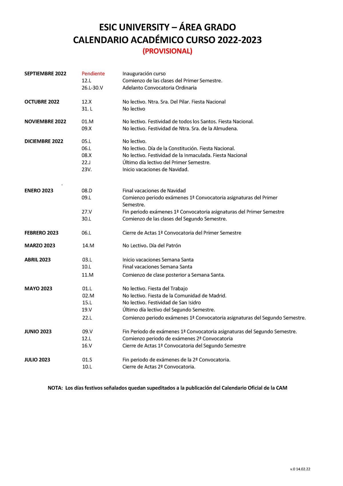 Calendario Acad Ã©mico Curso 2022-2023 Grado (provisional) V - V 14 ...