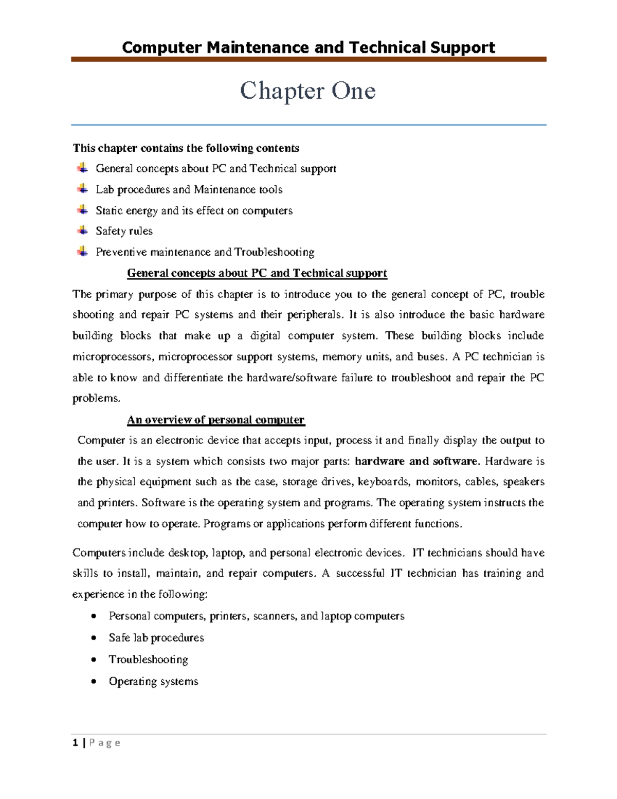 Computer Maintenance note Chapter One This chapter contains the