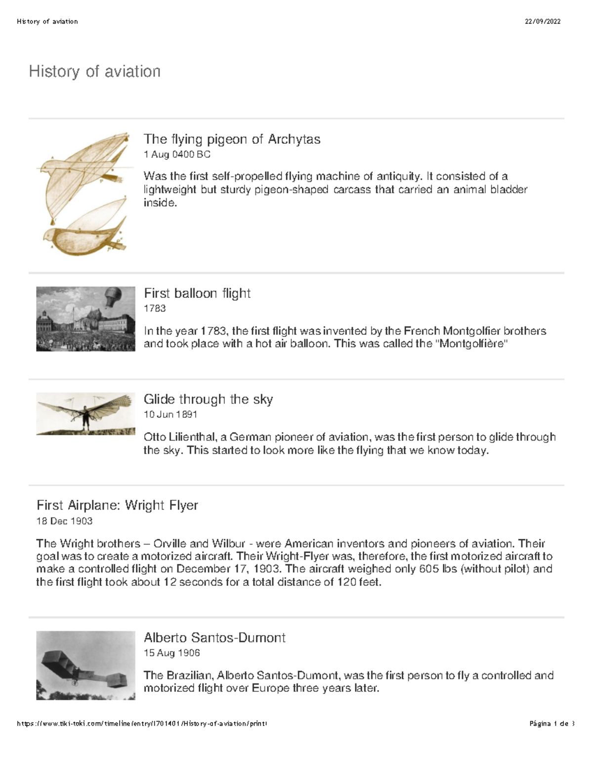 Timeline History of aviation History of aviation 22/09/ ht t p s //w ww. t ikit oki/t ime