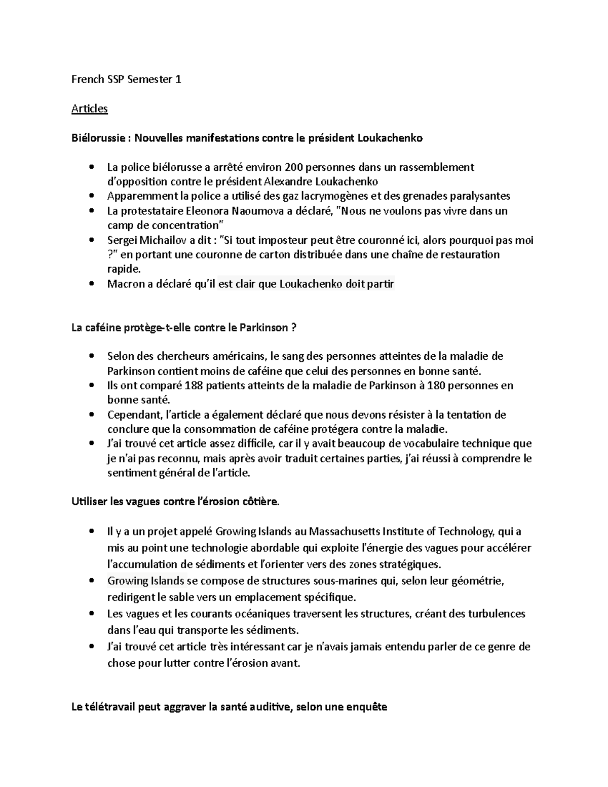 French Portfolio Notes 1 - French SSP Semester 1 Articles Biélorussie ...