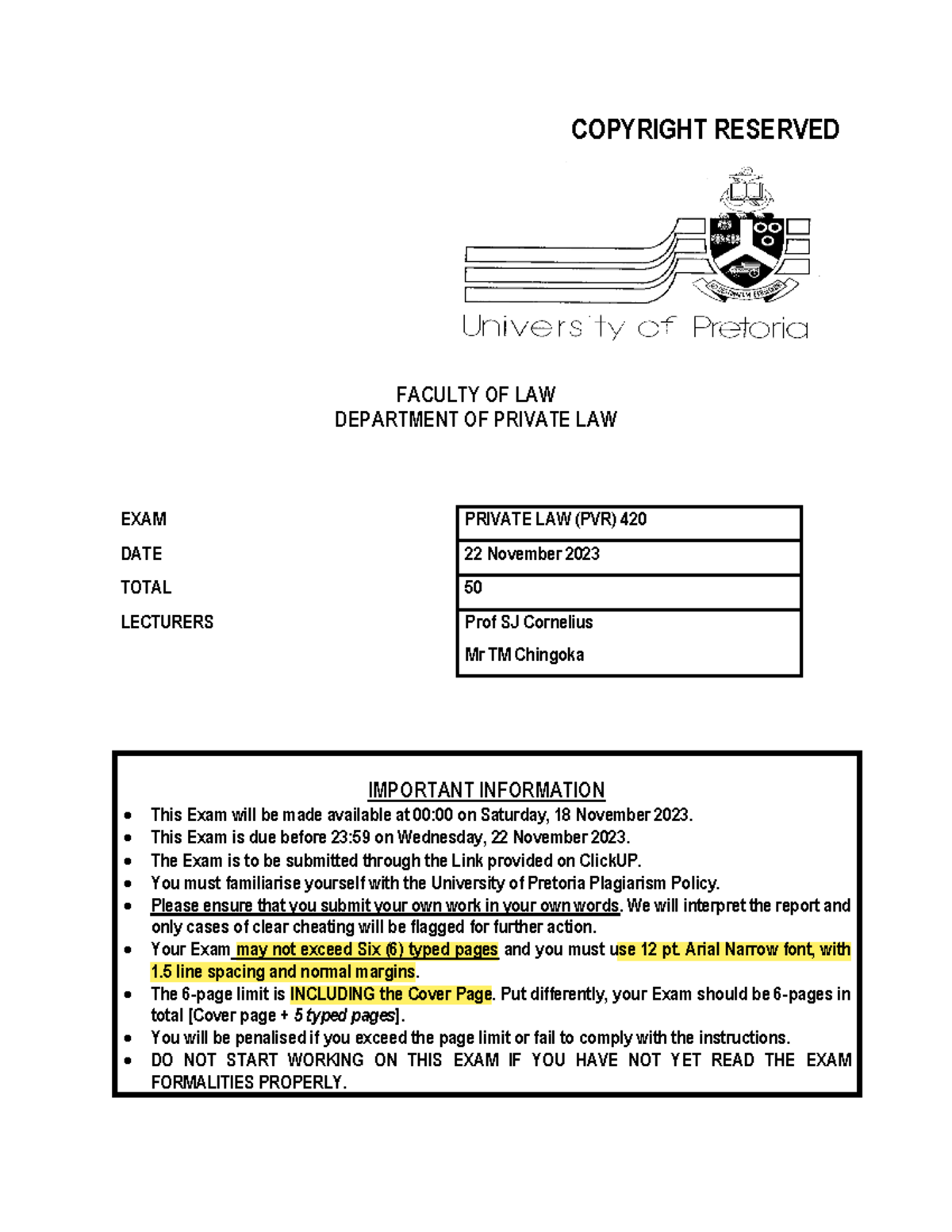 Exam question paper 2023 - COPYRIGHT RESERVED FACULTY OF LAW DEPARTMENT ...