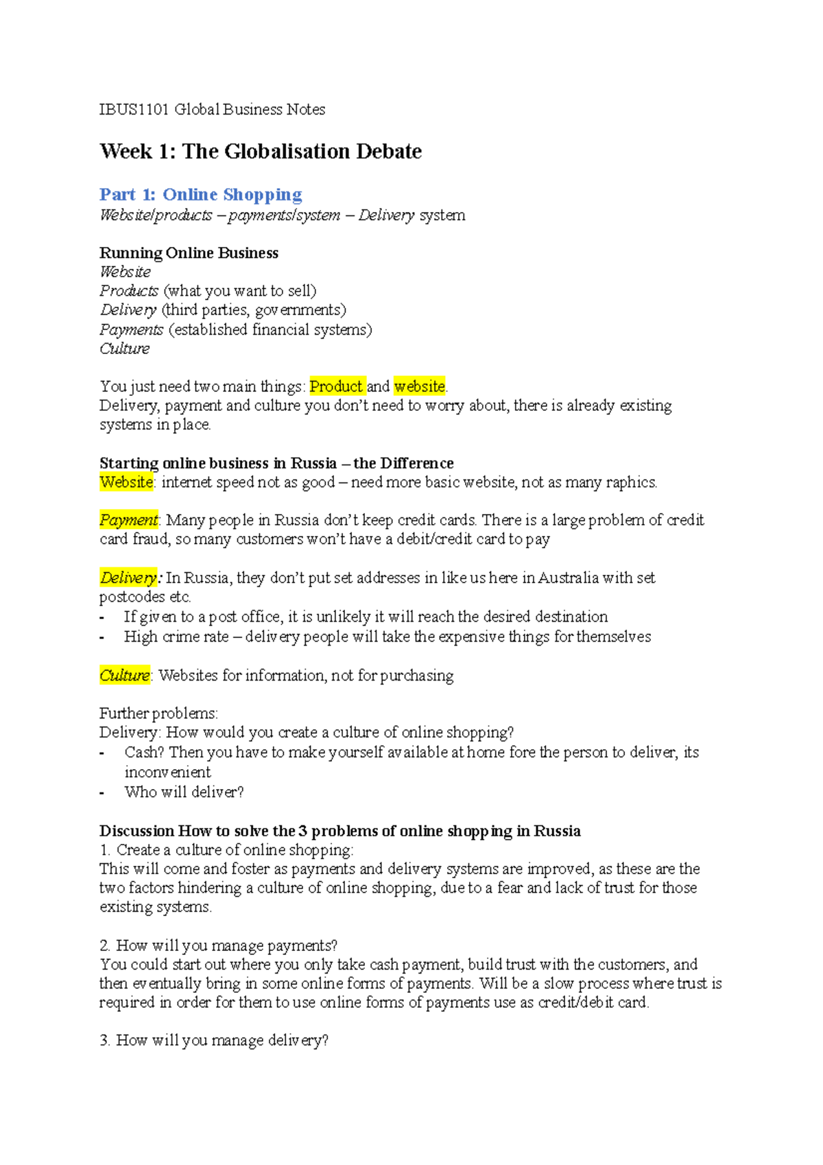 IBUS1101 Notes Mod 1 - IBUS1101 Global Business Notes Week 1: The ...