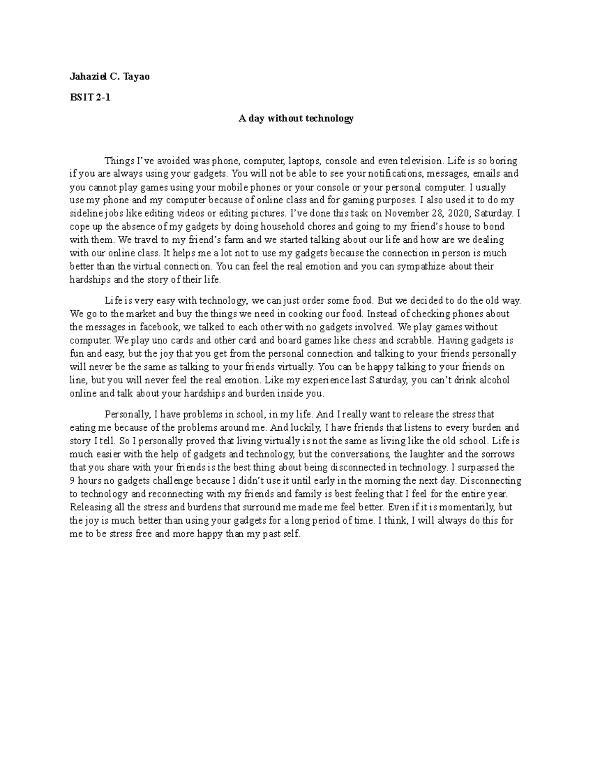 A day without tech - Lecture notes 1 - Jahaziel C. Tayao BSIT 2- A day ...
