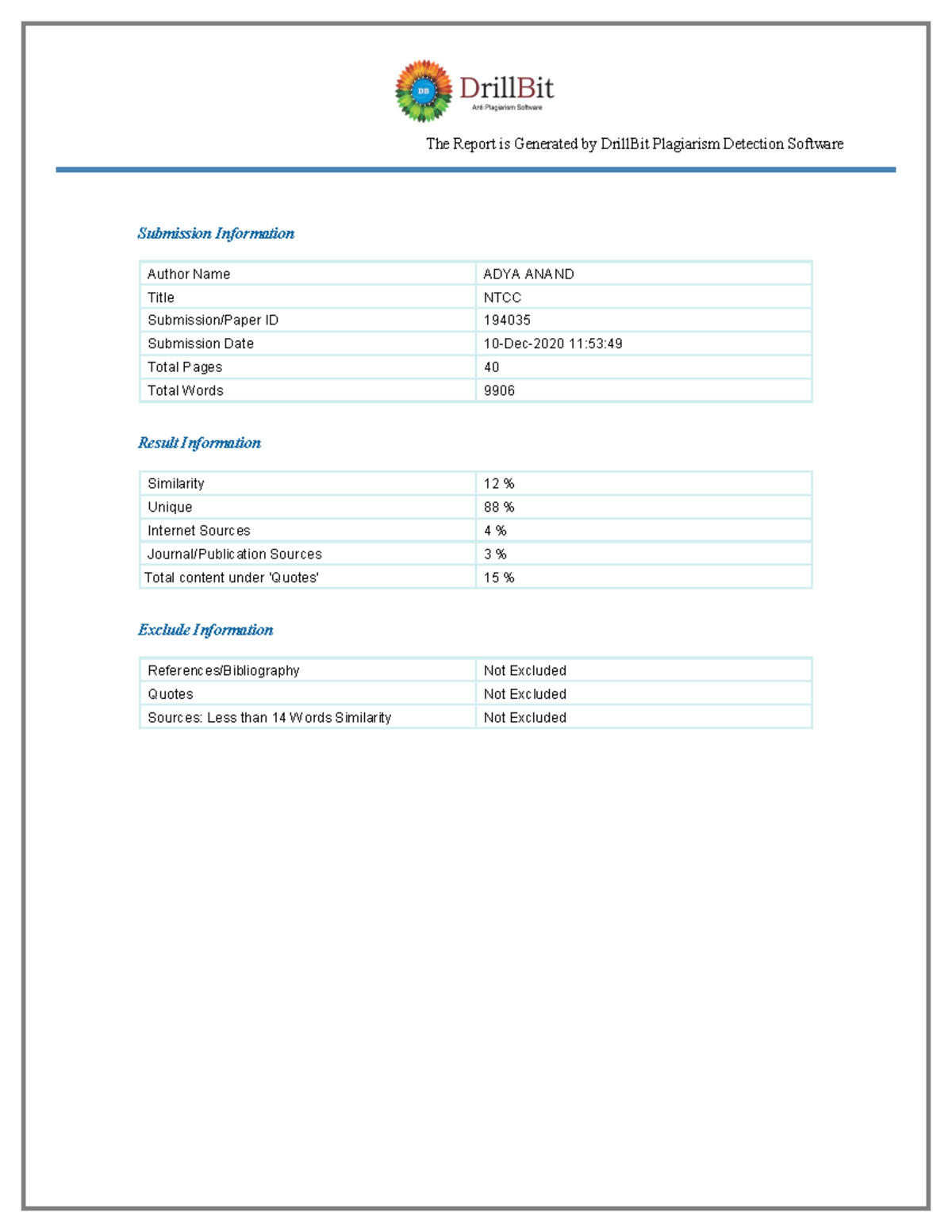 NTCC Plagiariam@Adya Anand - The Report is Generated by DrillBit ...