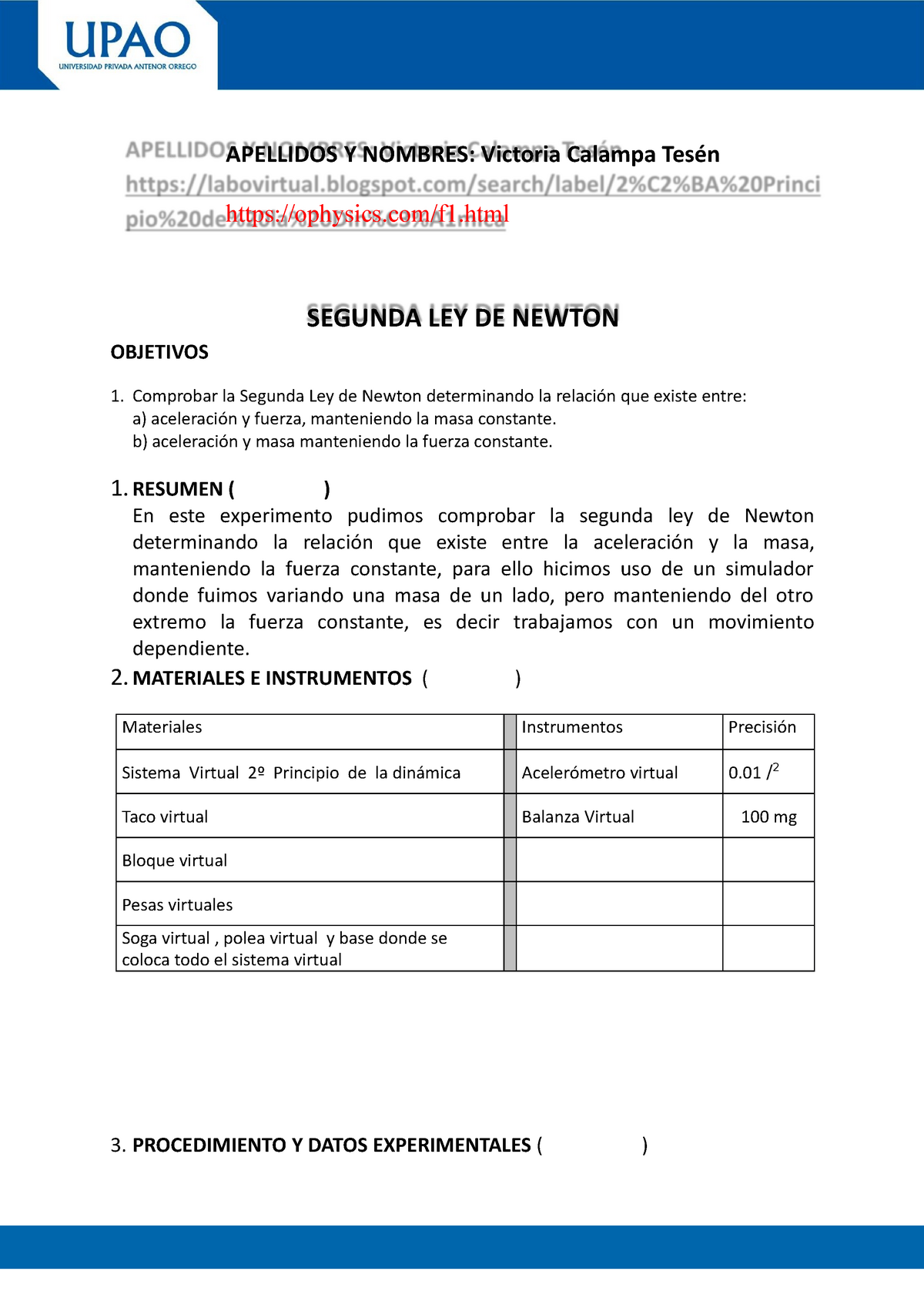 Subir Informe 05 Segunda Ley de Newton - Quimica General - UPAO - Studocu