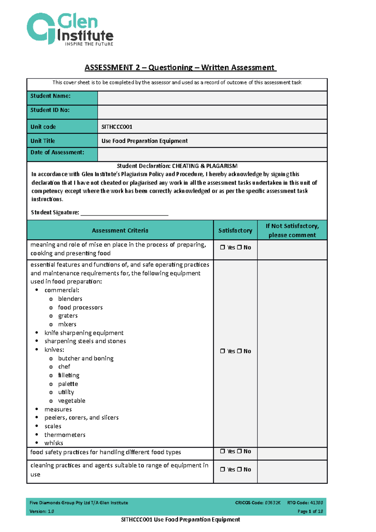 Assessment 2 Sithccc 001 Use Food Preparation Equipment ASSESSMENT 2 Questioning Written