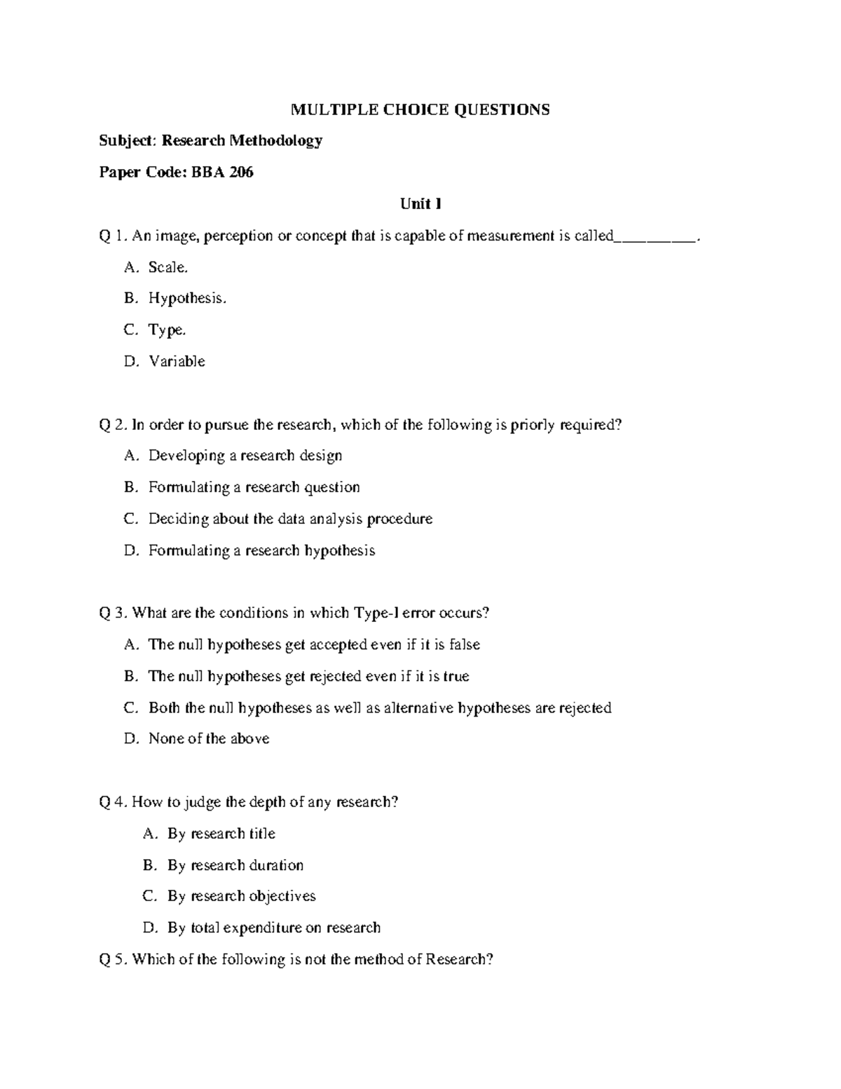 Reasearch Methodology Mcq - MULTIPLE CHOICE QUESTIONS Subject ...