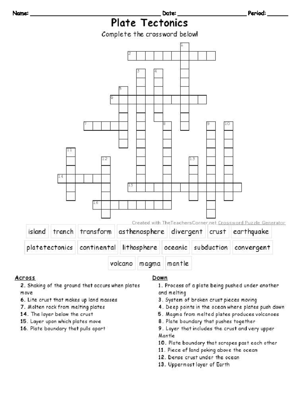 Plate Tectonics Crossword - Studocu