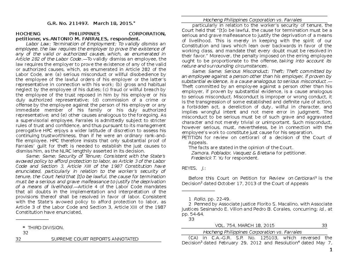 Lab Rev Batch 1 - Labor Cases - G. No. 211497. March 18, 2015.* HOCHENG ...