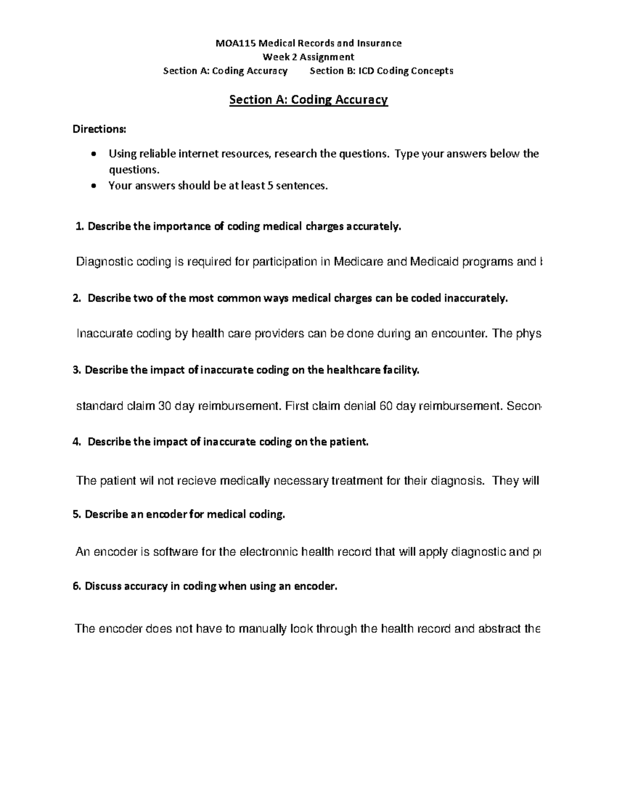 Week 2 CH. 10 ICD-10-CM Assignment - MOA115 Medical Records And ...