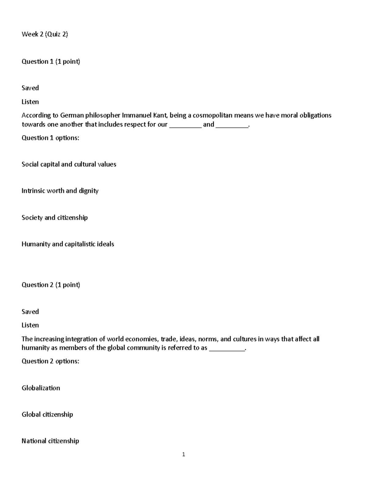 Week 2 Quiz Practice - Week 2 (Quiz 2) Question 1 (1 point) Saved ...