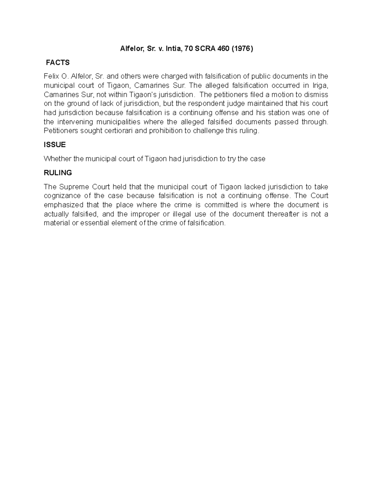 Alfelor Sr vs Intia - The case involves the petitioners, who were ...