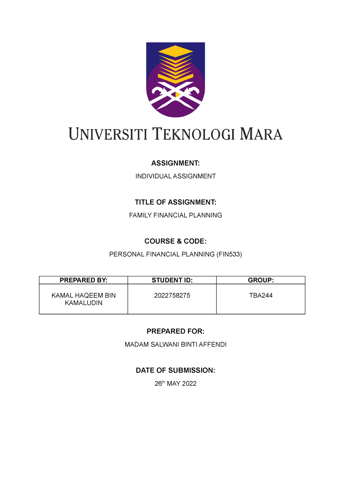 FIN533 Assignment Individual - ASSIGNMENT: INDIVIDUAL ASSIGNMENT TITLE ...