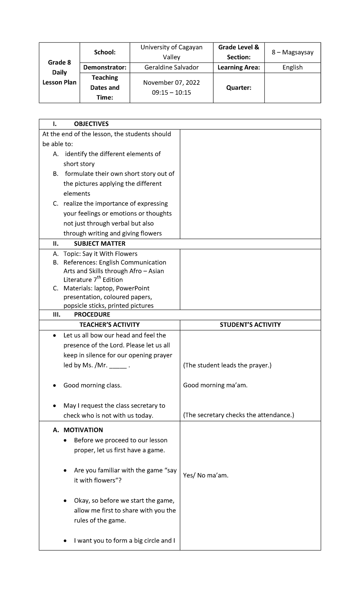 GS - DETAILED LESSON PLAN IN ENGLISH GRADE 8 - Grade 8 Daily Lesson ...