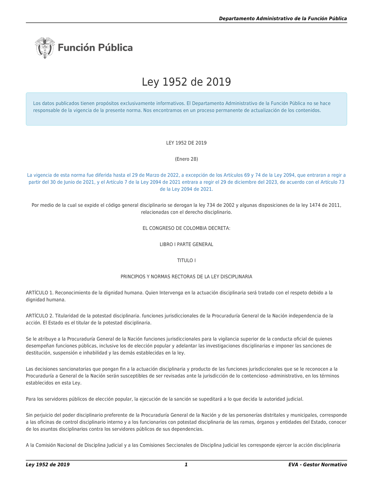 Ley 1952 - Codigo General Disciplinario - Ley 1952 De 2019 Los Datos ...