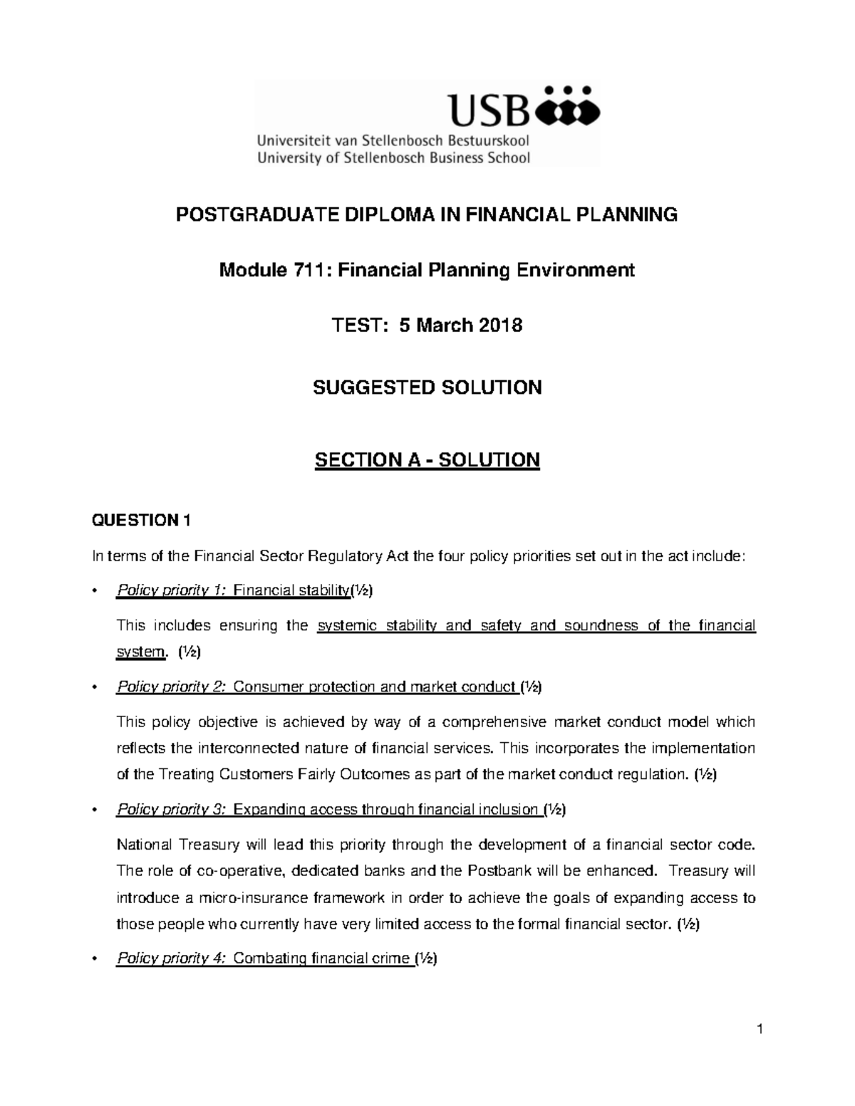 Test 3 May 2018, answers POSTGRADUATE DIPLOMA IN FINANCIAL PLANNING