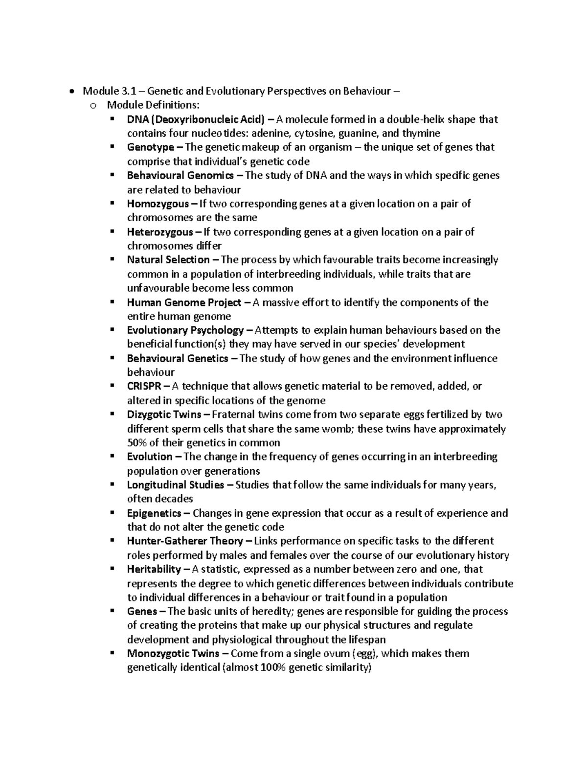 PSYC 1000 - Chapter 3 Definitions - Module 3 – Genetic and Evolutionary ...