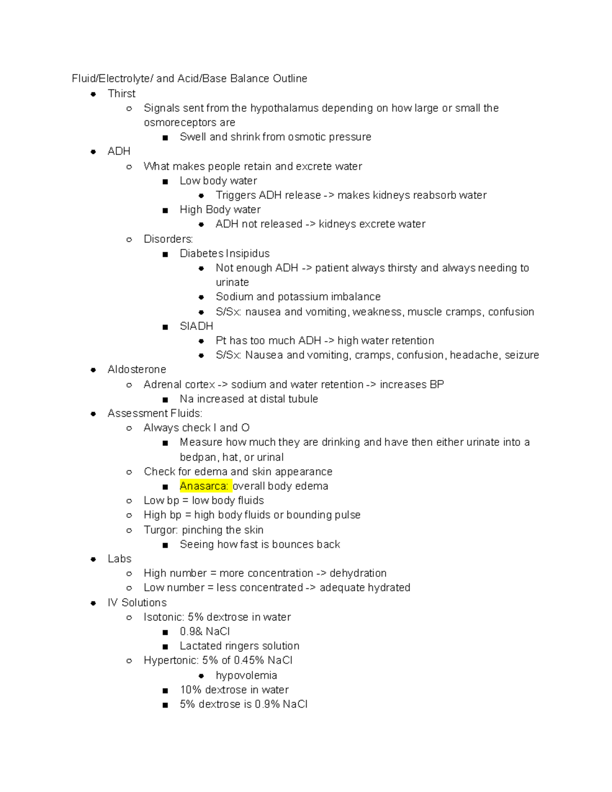 Fluid Electrolyte and Acid Base Balance Outline Fluid/Electrolyte