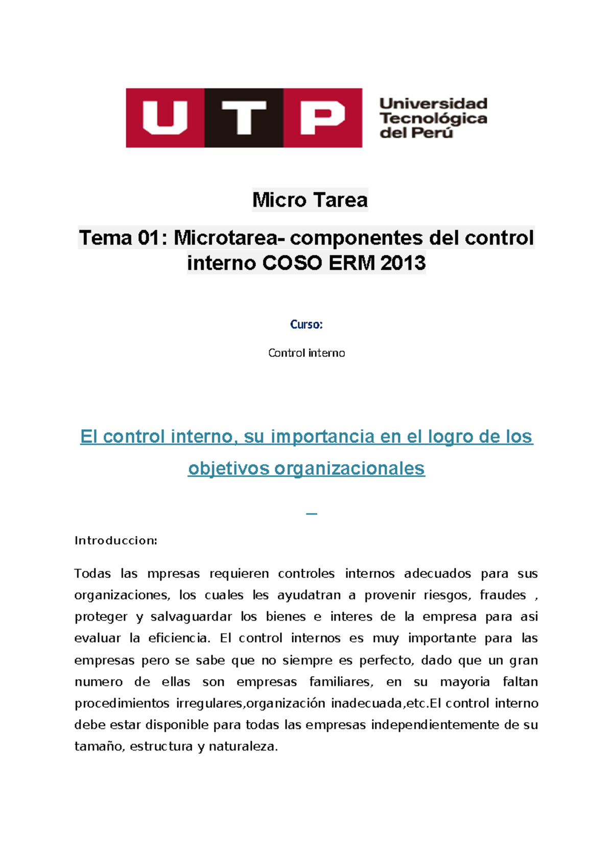 Control Interno - Micro Tarea Tema 01: Microtarea- componentes del ...