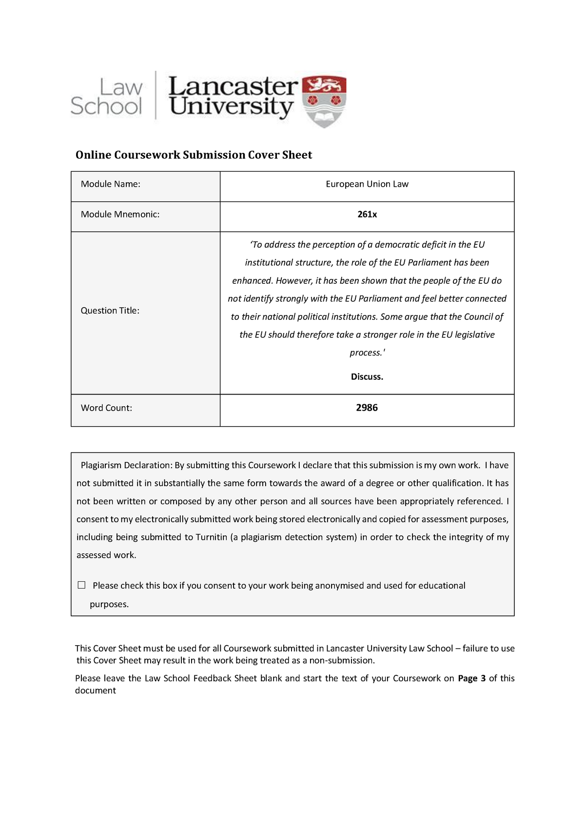 dcu coursework submission cover sheet