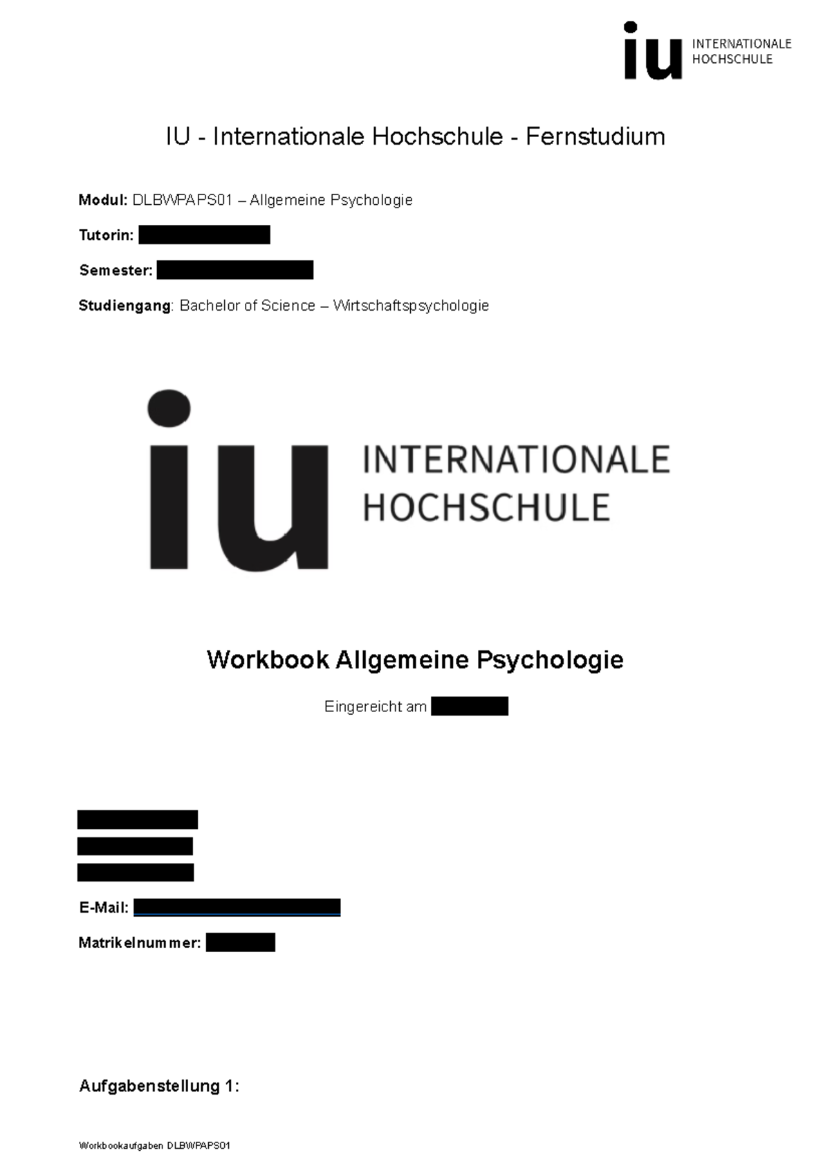 Workbook Allgemeine Psychologie - IU - Internationale Hochschule ...