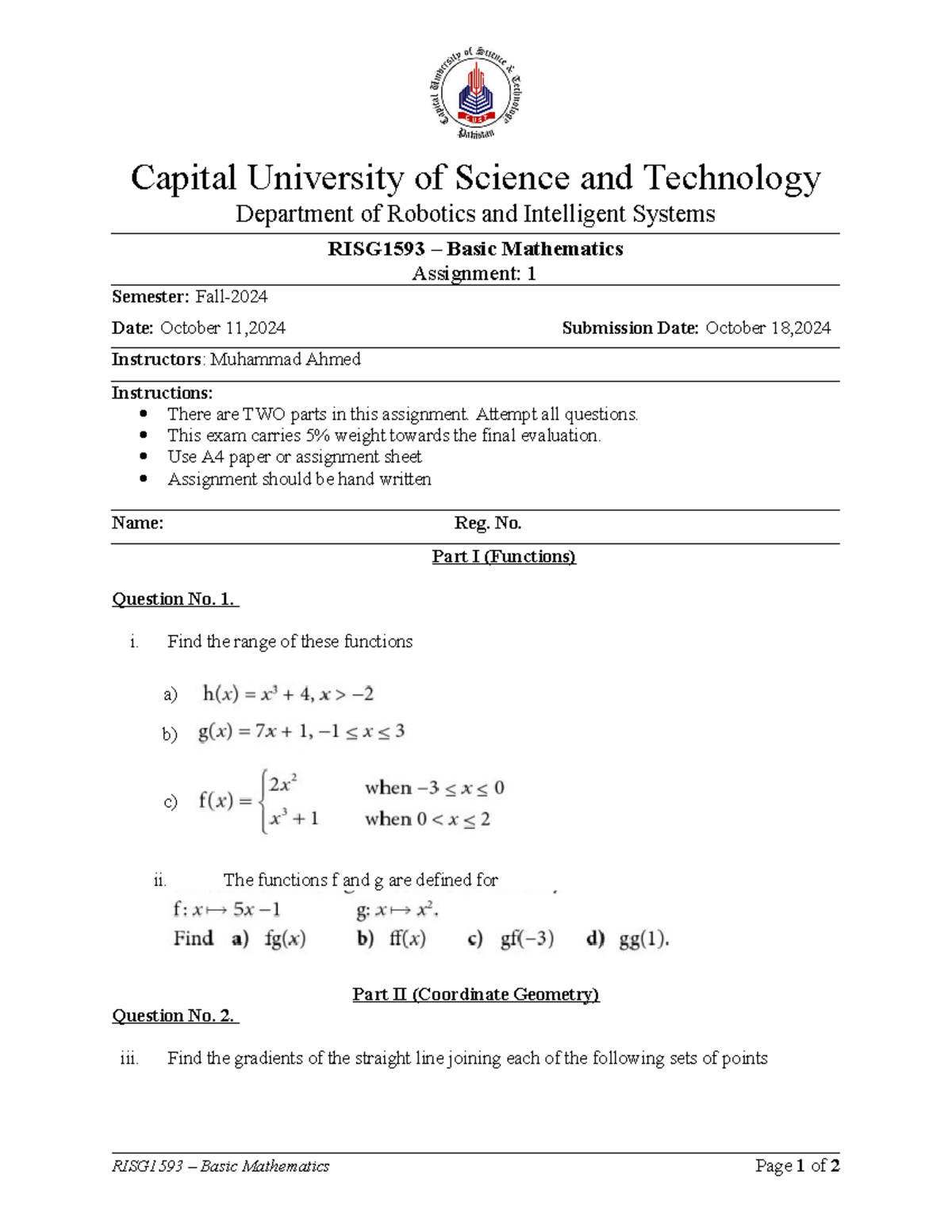 Assignment 1 - Practice MAterial - Capital University of Science and ...