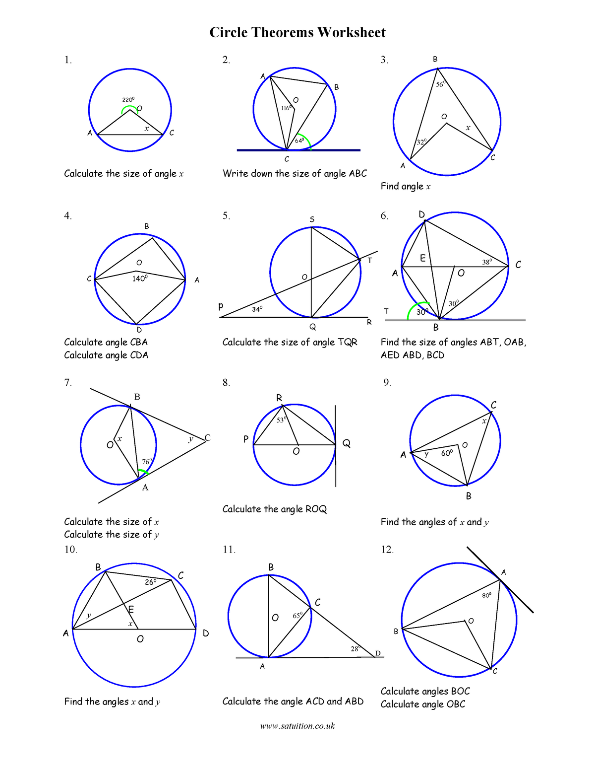 Circle Theorem Tangennt Circle Theorems Worksheet 1 Calculate The Size Of Angle X 2 Write