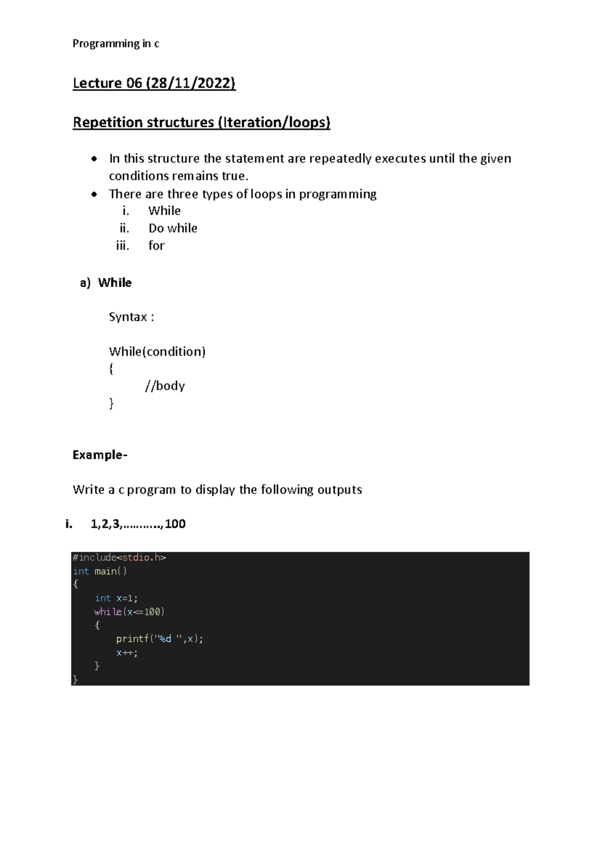 Programming in c - marvelous - Lecture 06 (28/11/2022) Repetition ...
