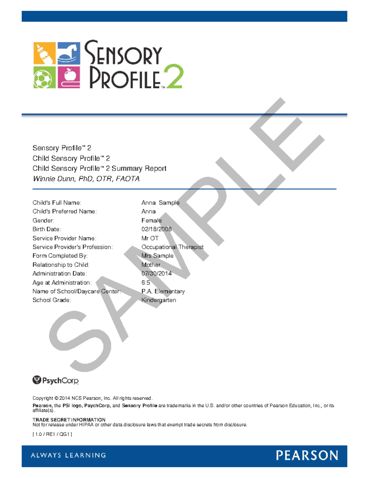 Sp2 Child Score Summary Sample Sensory Profile 2 Child Sensory