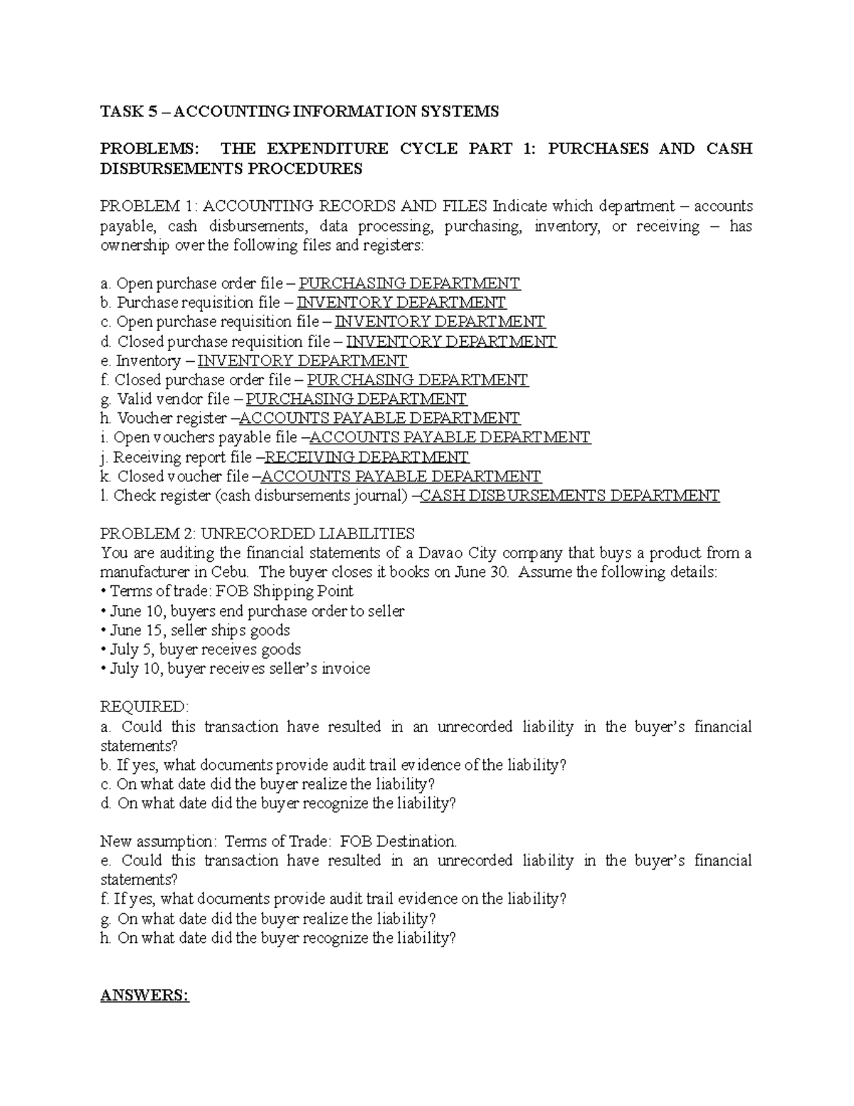 THE EXPENDITURE CYCLE PART 1 PURCHASES AND CASH DISBURSEMENTS
