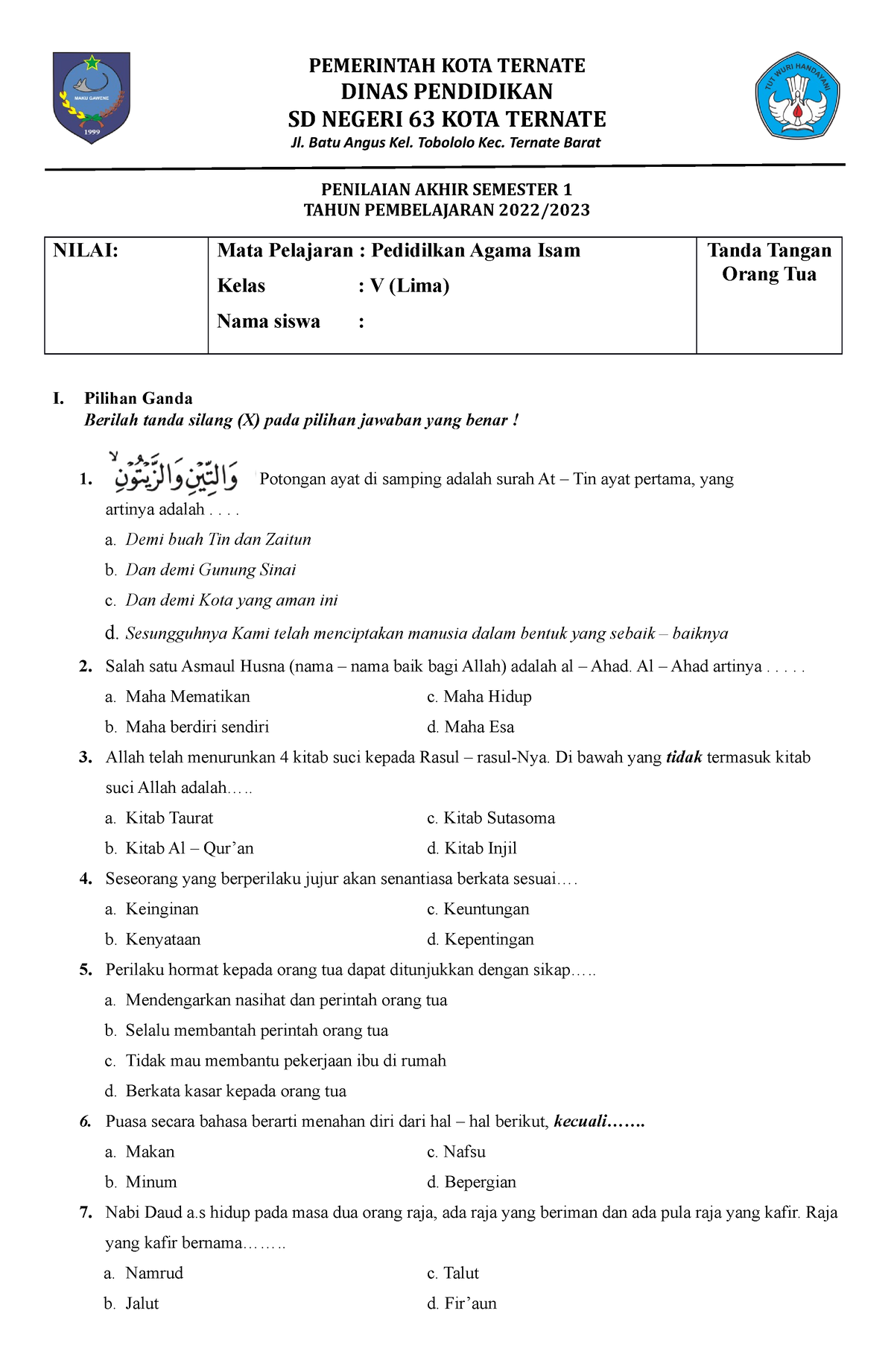 SOAL Kelas 5 - Summaries - PEMERINTAH KOTA TERNATE DINAS PENDIDIKAN SD ...