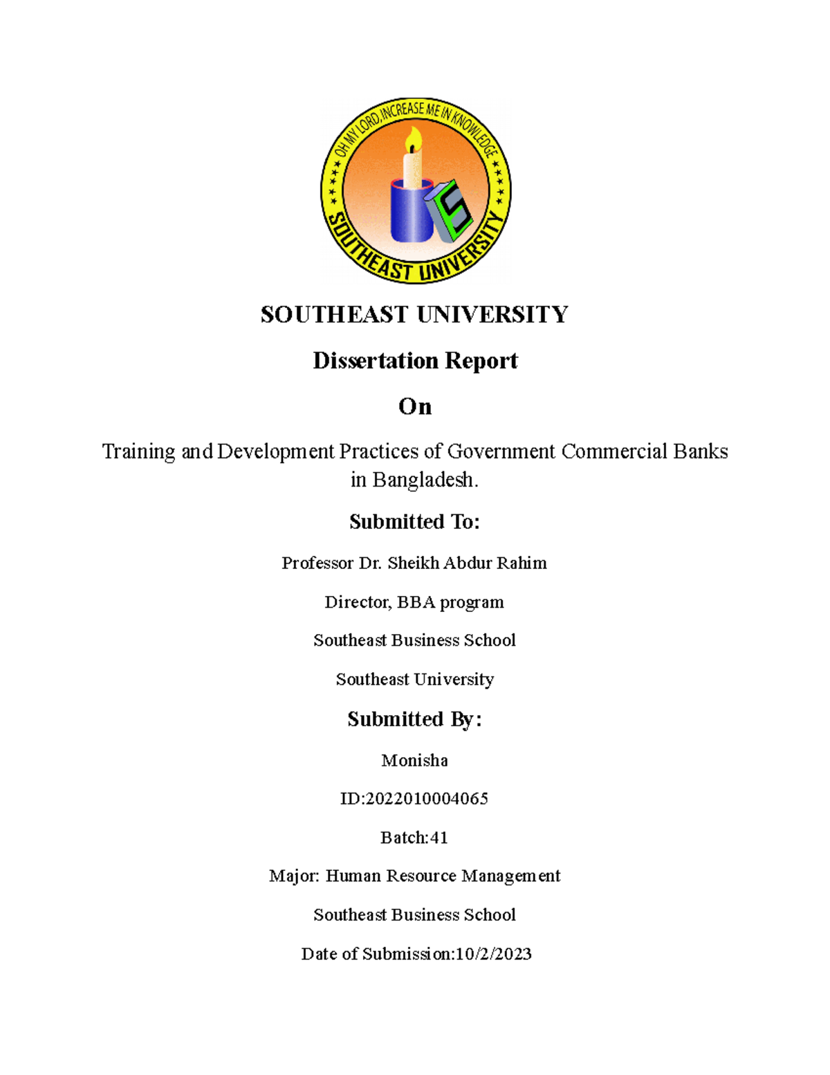 Dejartation - SOUTHEAST UNIVERSITY Dissertation Report On ...