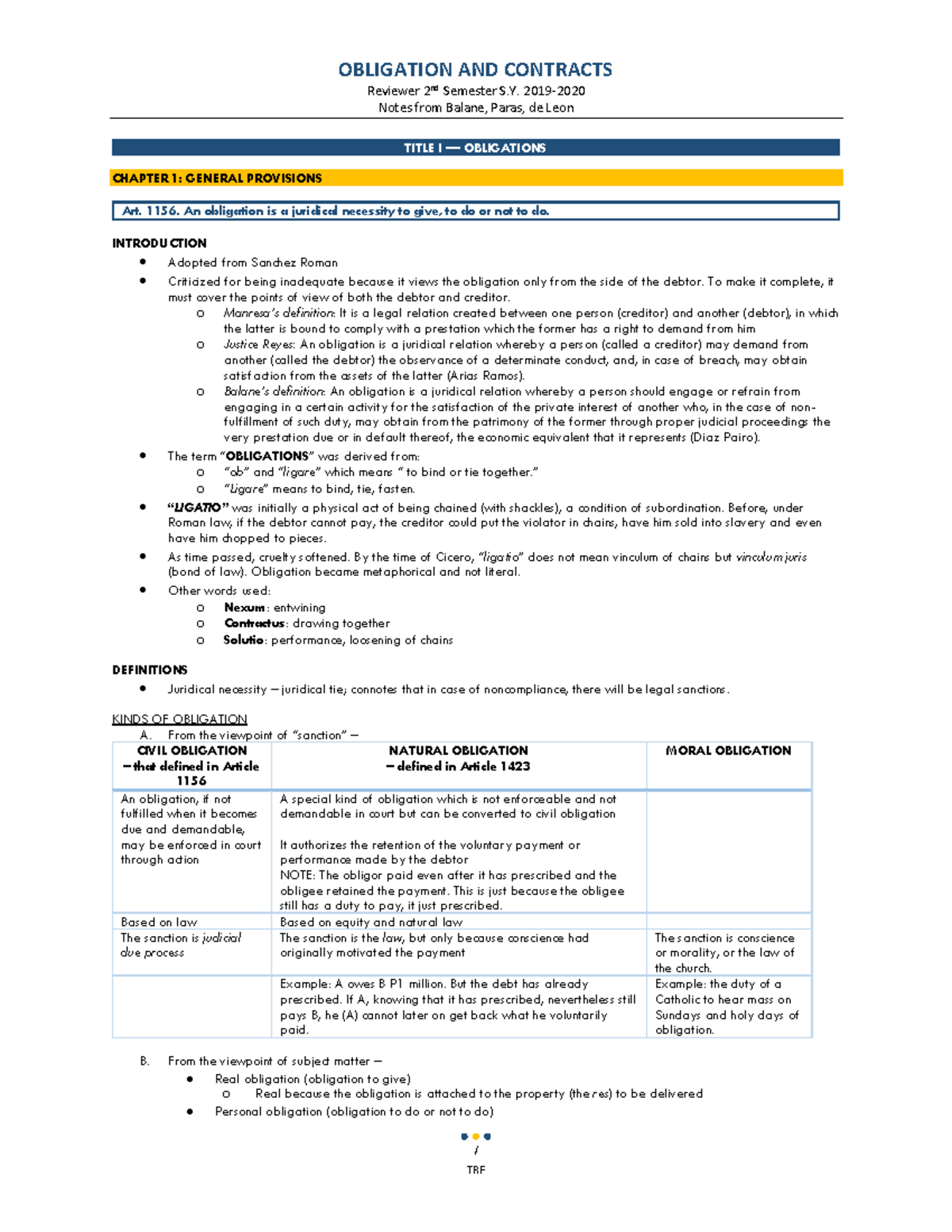 Obligations and Contracts Reviewer Chapter - OBLIGATION AND CONTRACTS ...