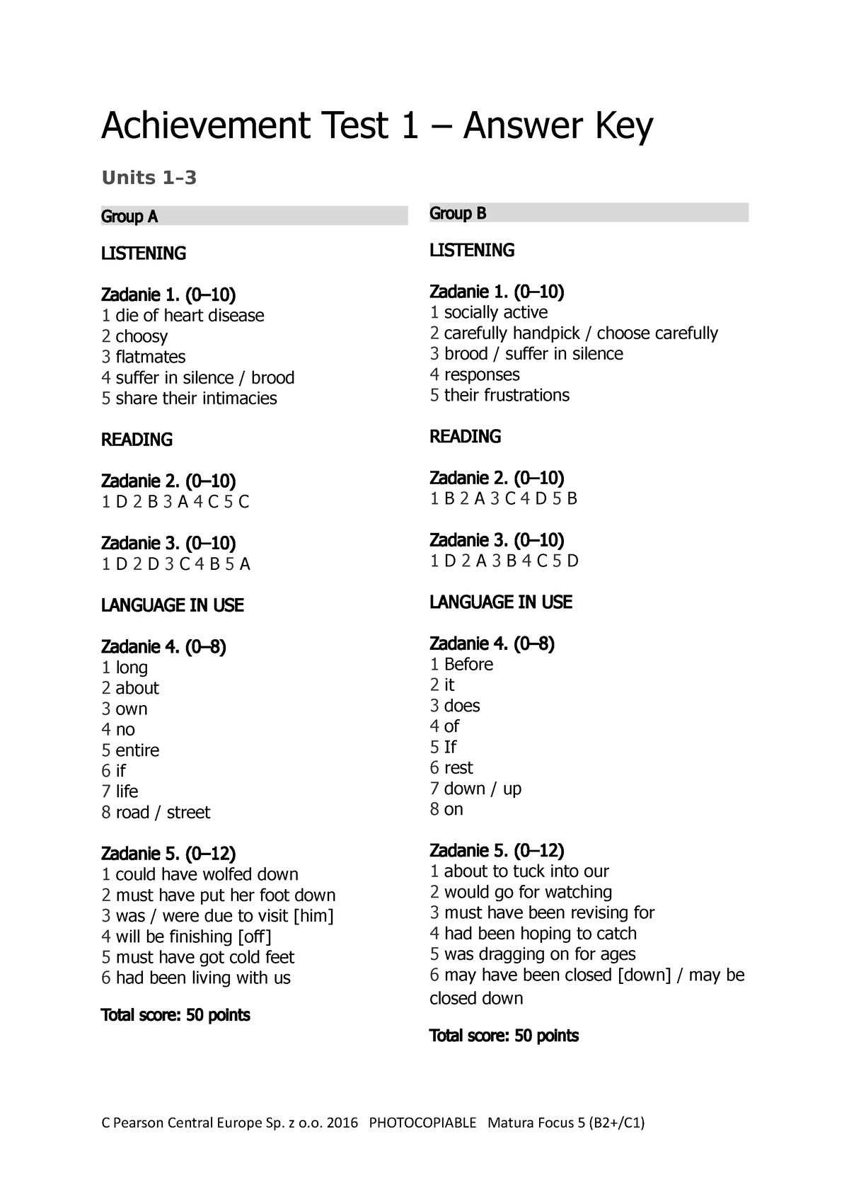 Achievement Test 1 (Units 1-3) Answer Key Groups A i B - Achievement ...