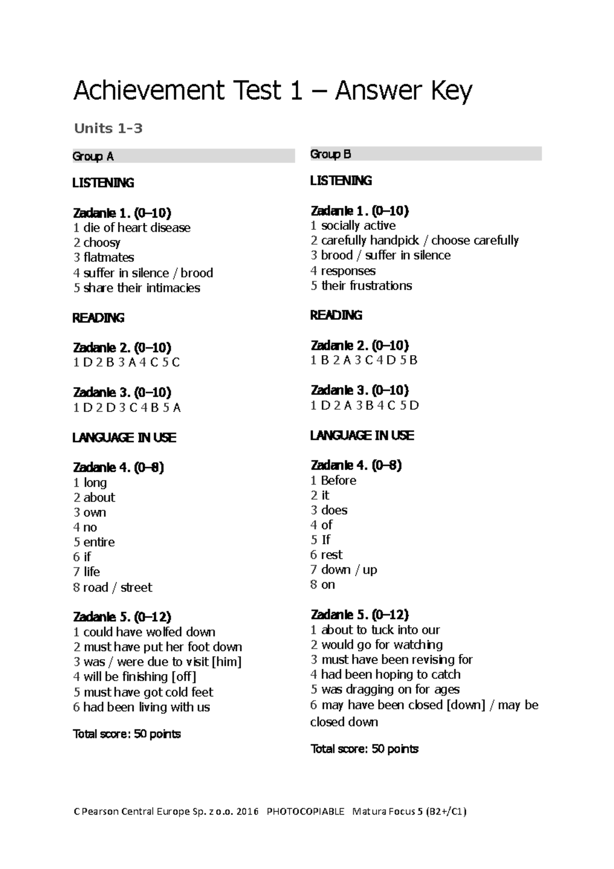 Achievement Test 1 Units 1 3 Answer Key Groups A I B Achievement 