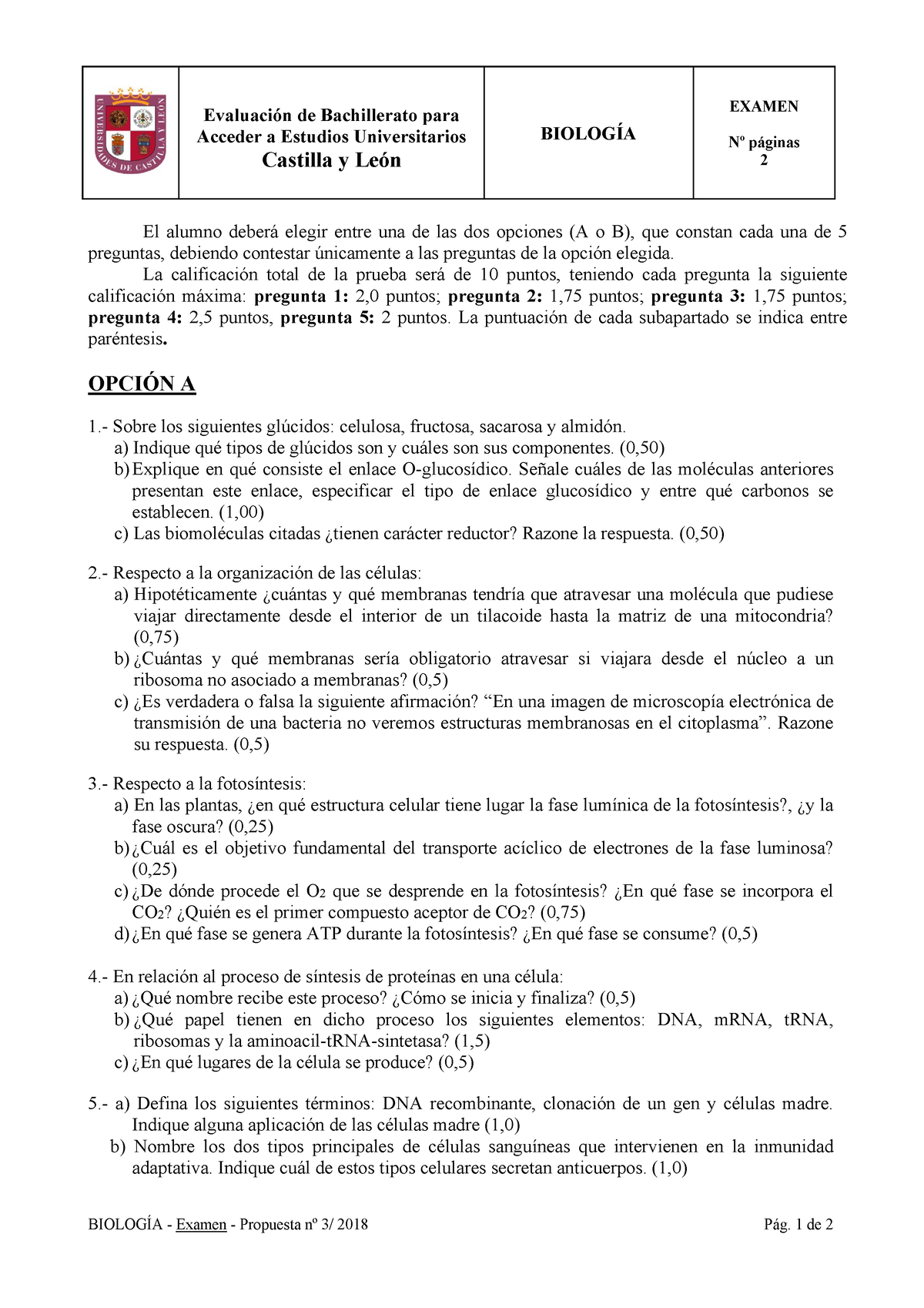 Biologia Jun 2018 - Examen Ebau - BIOLOGÍA - Examen - Propuesta Nº 3/ ...