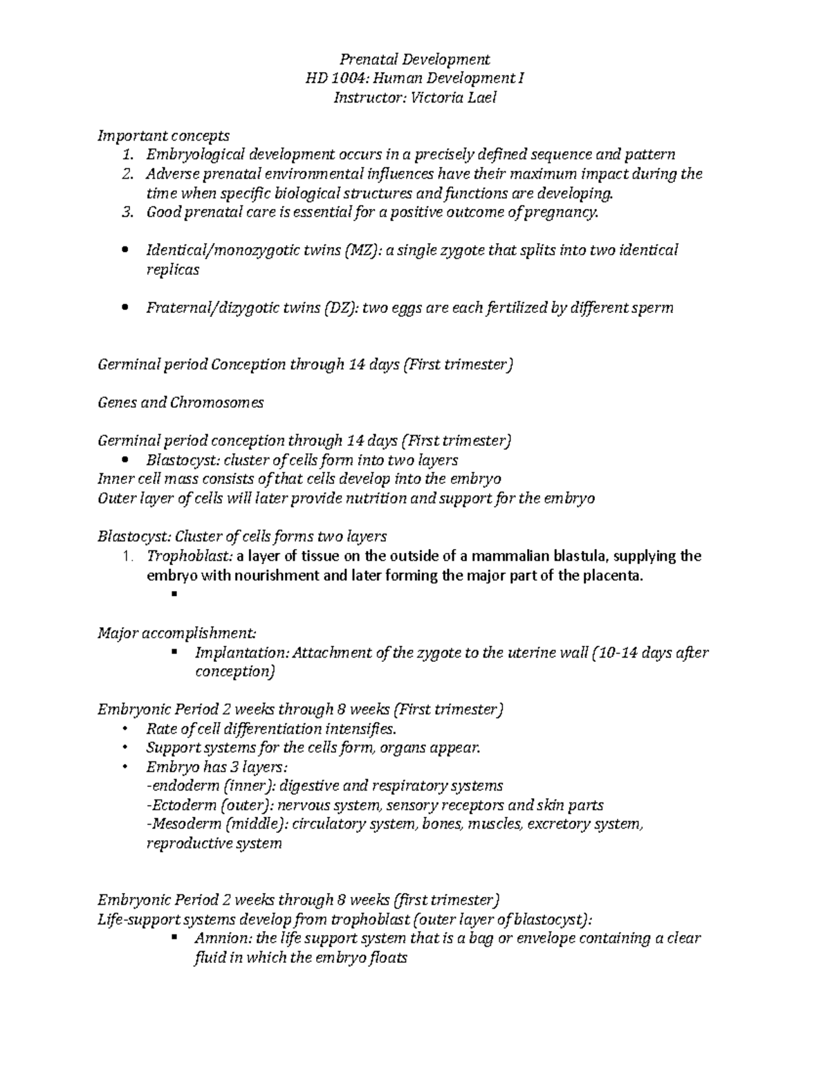 3 Prenatal Development Outline - Prenatal Development Hd 1004: Human 