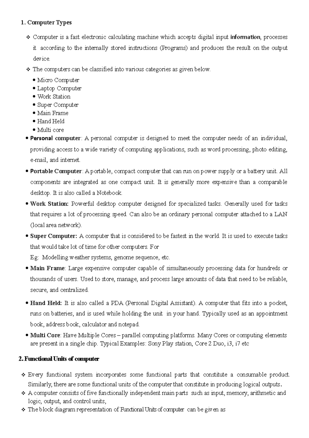 COA -UNIT-1 - Description - Computer Types Computer is a fast ...