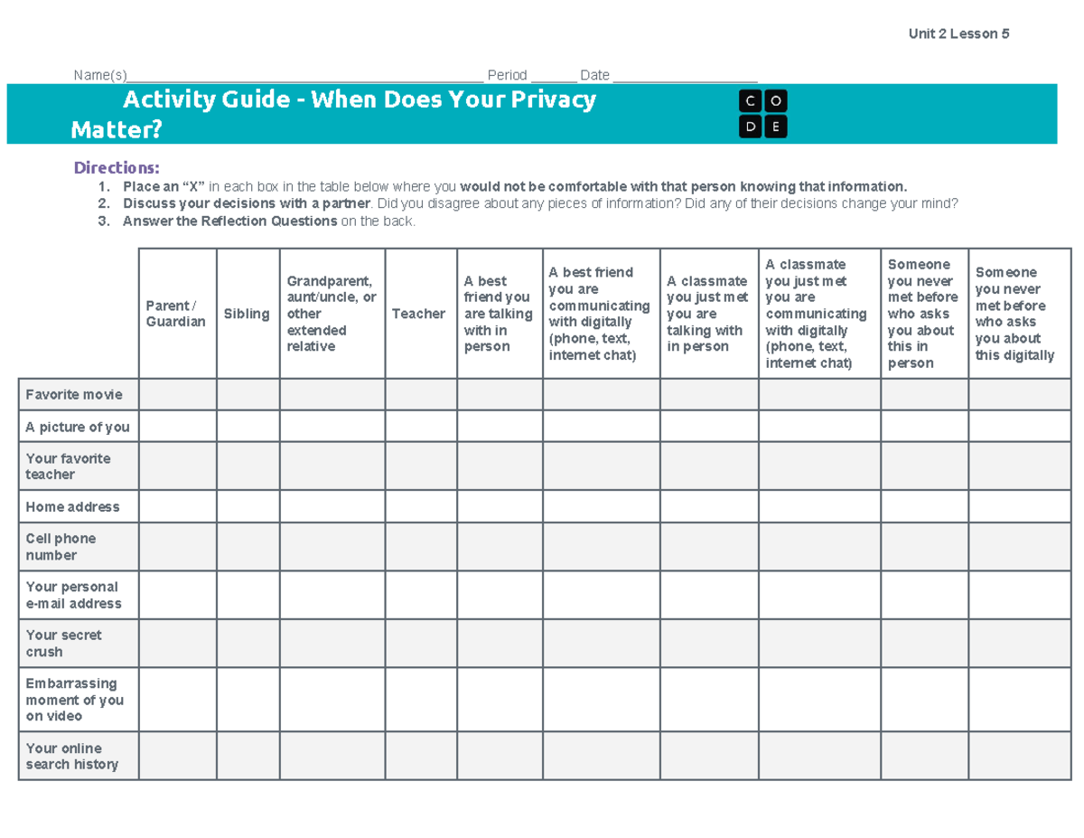 U2L05 Activity Guide - When Does Your Privacy Matter - Unit 2 Lesson 5 ...