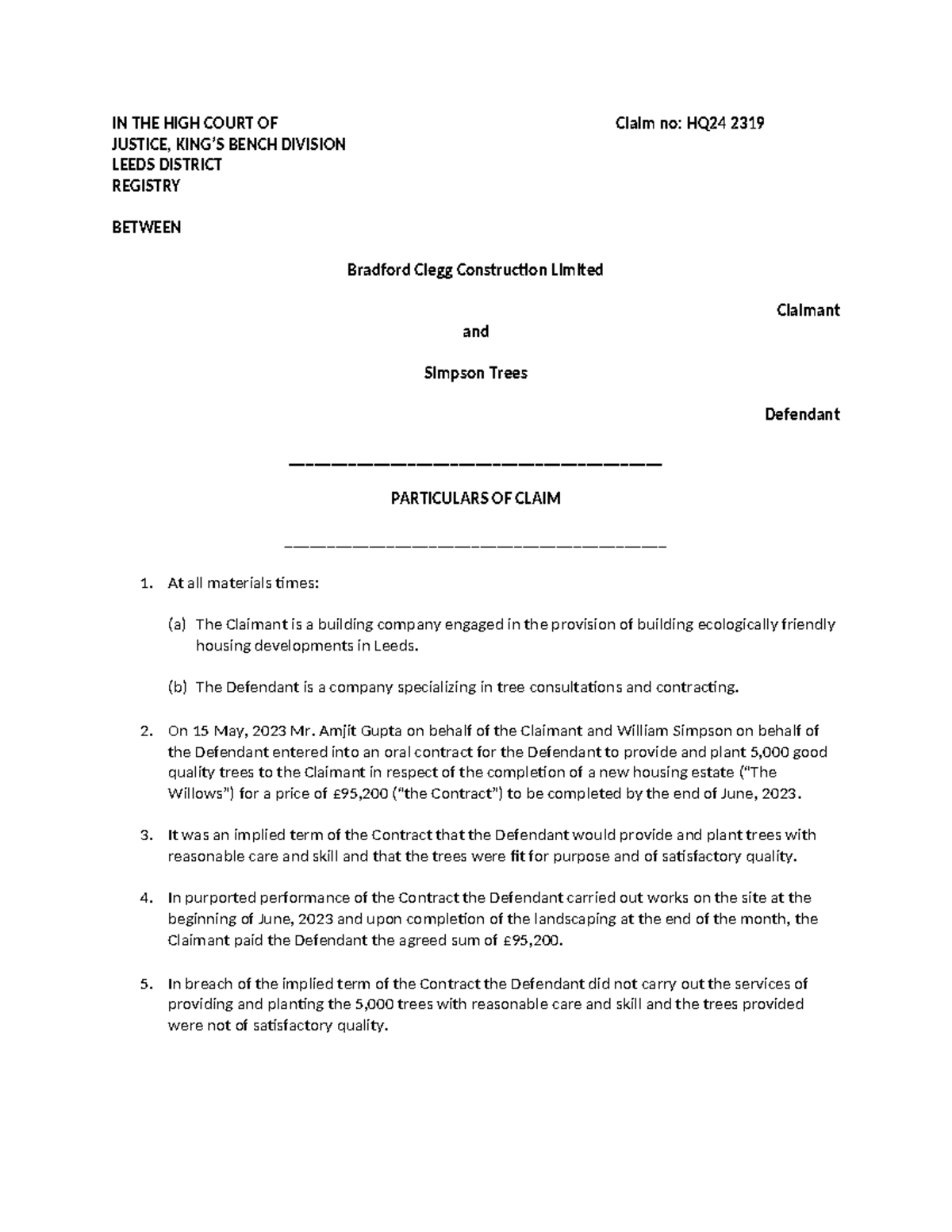 POC Draft - IN THE HIGH COURT OF Claim no: HQ24 2319 JUSTICE, KING’S ...