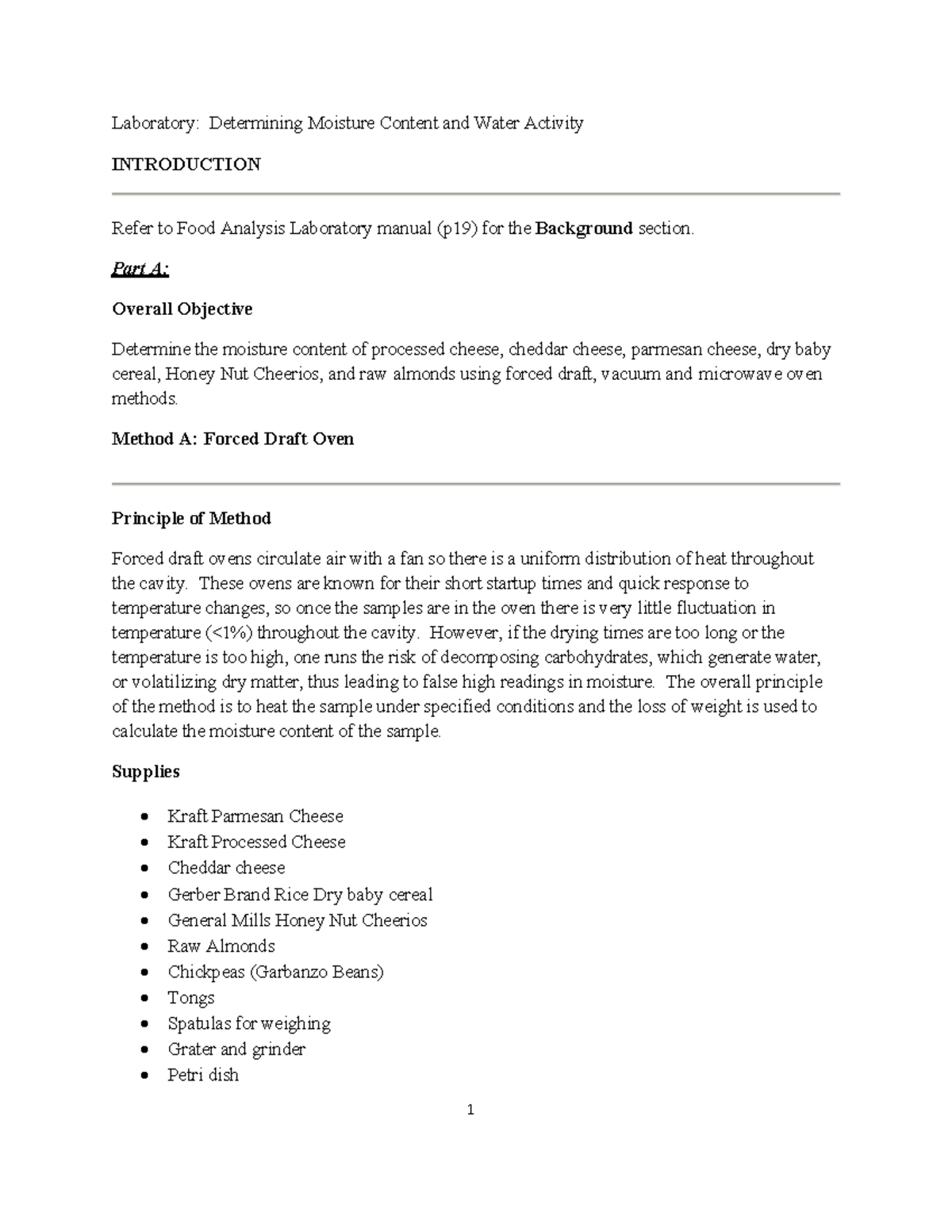 Lab 7 Moisture and aw addendum 2019 - Laboratory: Determining Moisture ...