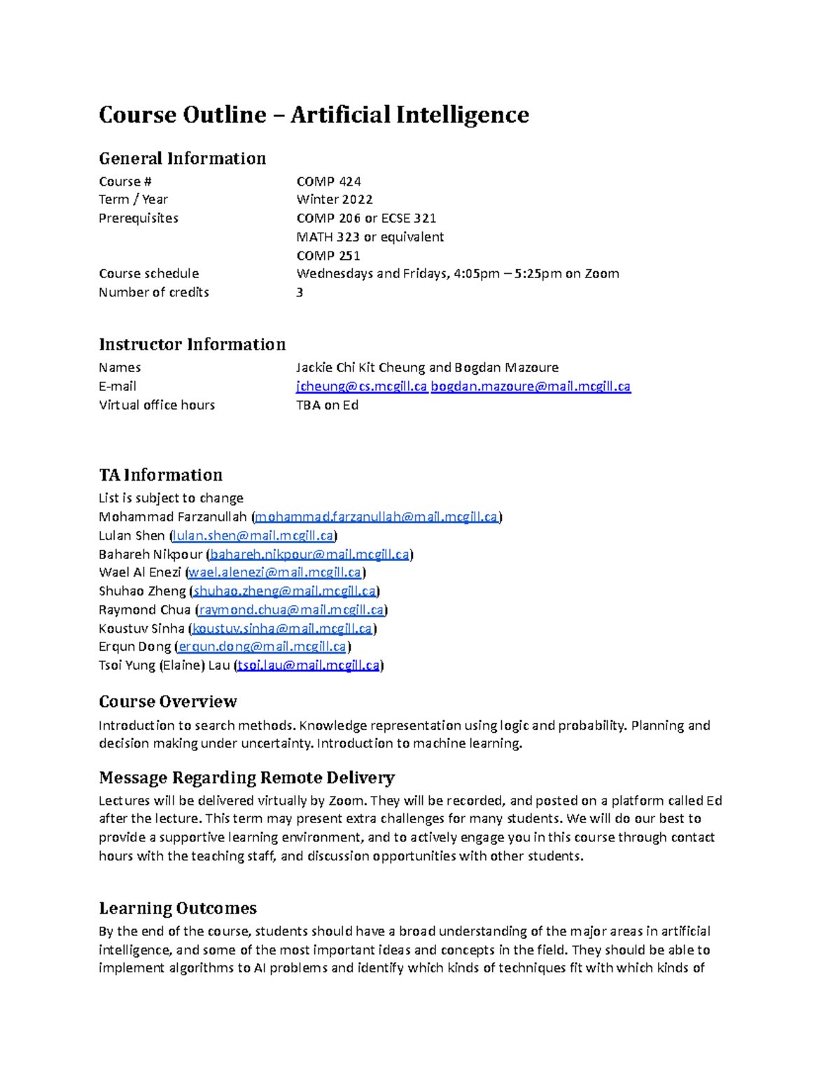 COMP424 Winter 2022 Syllabus - Course Outline – Artificial Intelligence ...