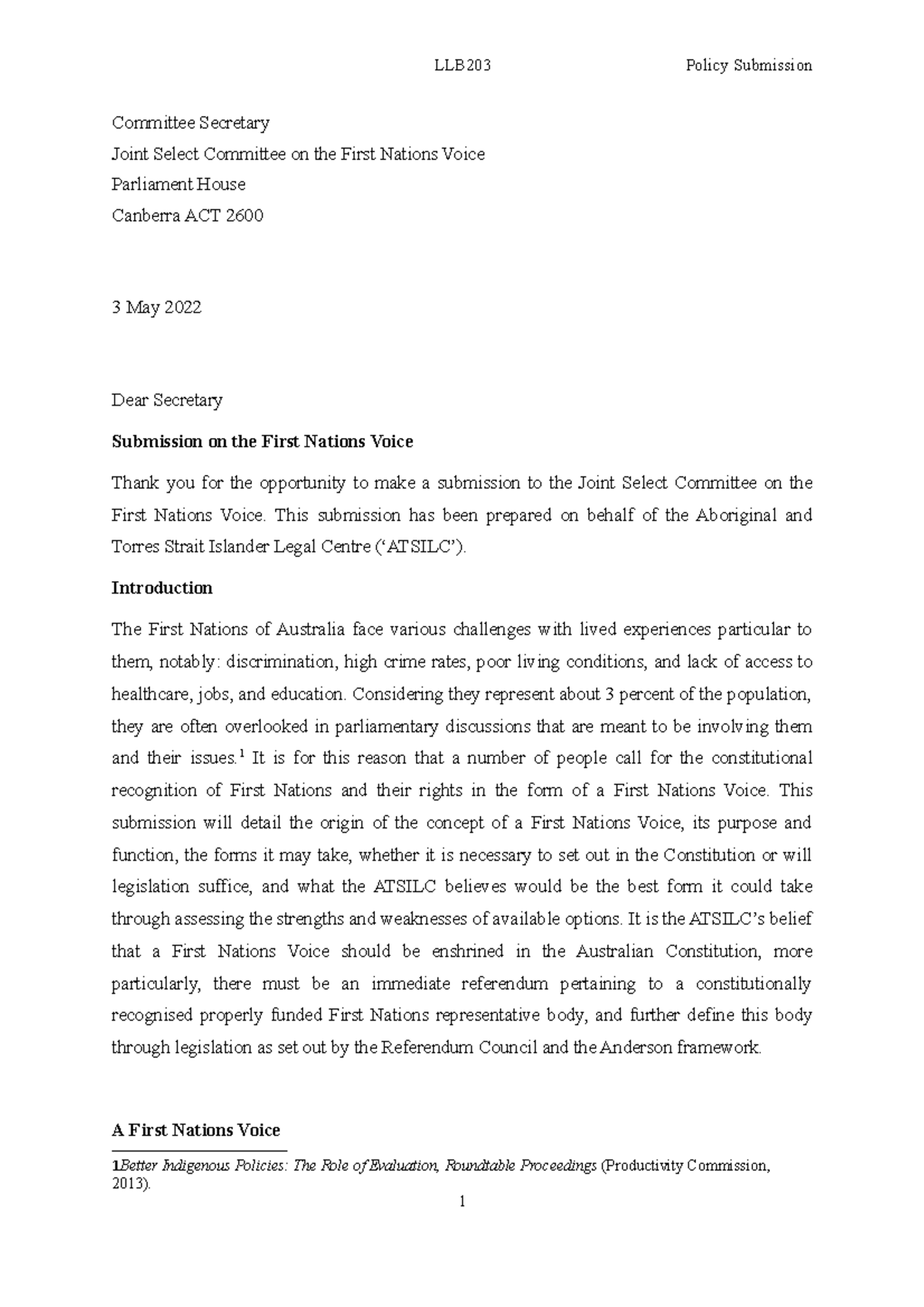 First Nations Voice Policy Document - Committee Secretary Joint Select ...