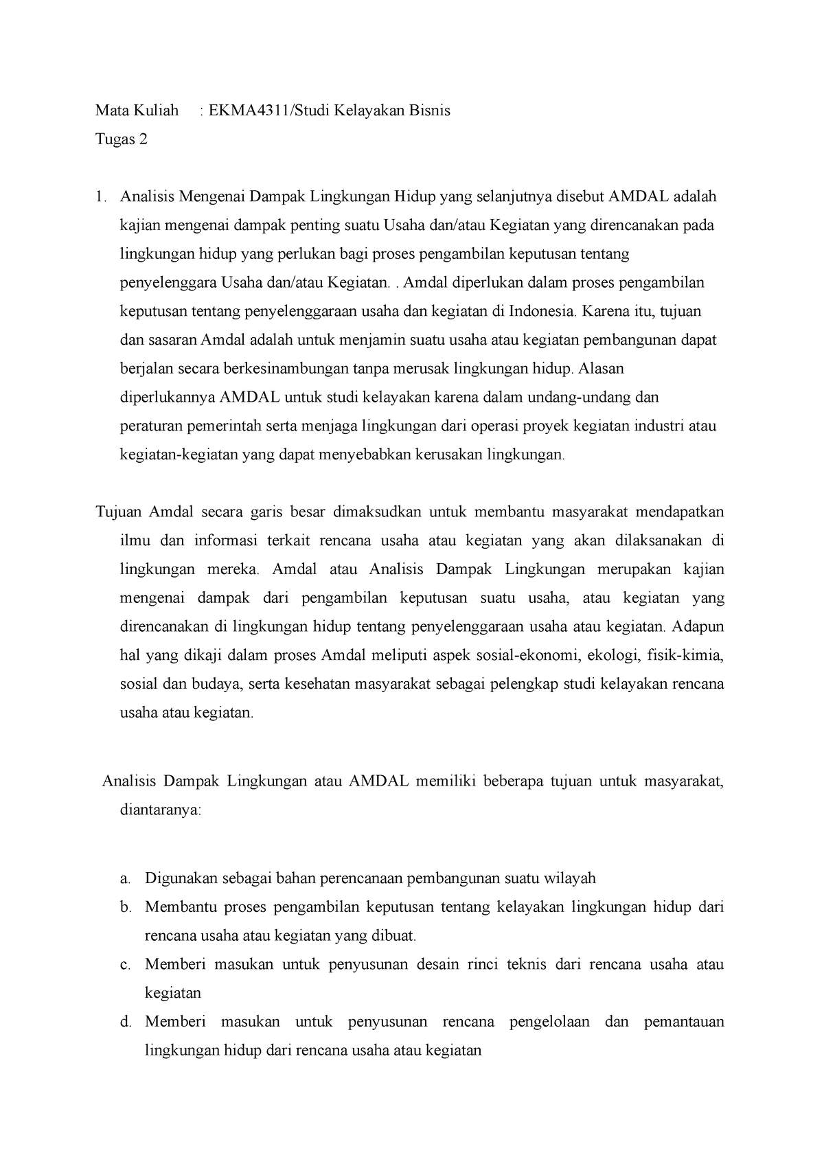 Tugas 2 Studi Kelayakan Bisnis - Mata Kuliah : EKMA4311/Studi Kelayakan ...